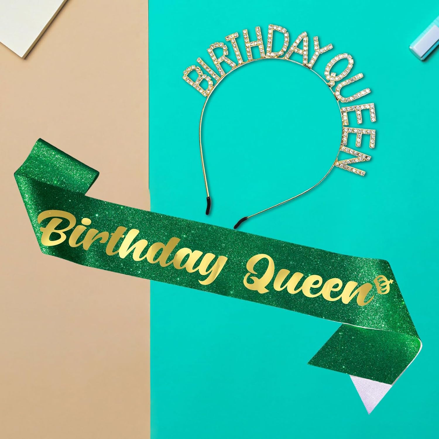 Birthday Queen Sash & Rhinestone Tiara Set, 2Pc SET - Green Birthday Sash and Tiara for Bday Decoration - Headband, Birthday crown (Green) - Image 5
