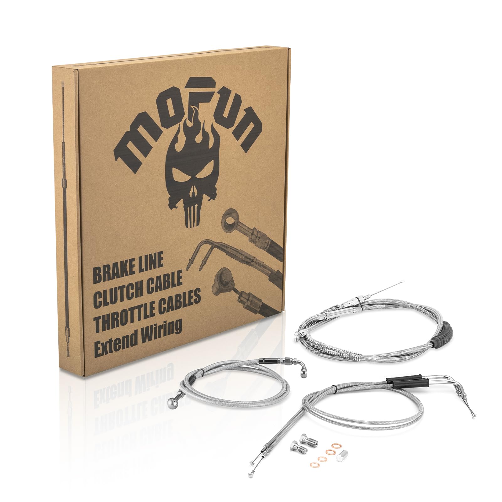 Mofun Chrome Throttle and Idle Cable Kit & Non-ABS Front Brake Line & Clutch Cable Compatible with Harley Softail Fat Boy Night Train Deuce 2000-2004 2005 2006, Fit 16"-18" Handlebar