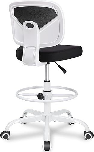 Primy Silla ergonómica de escritorio de pie con respaldo medio sin brazos, silla alta con ruedas de malla, altura ajustable y reposapiés, sala de