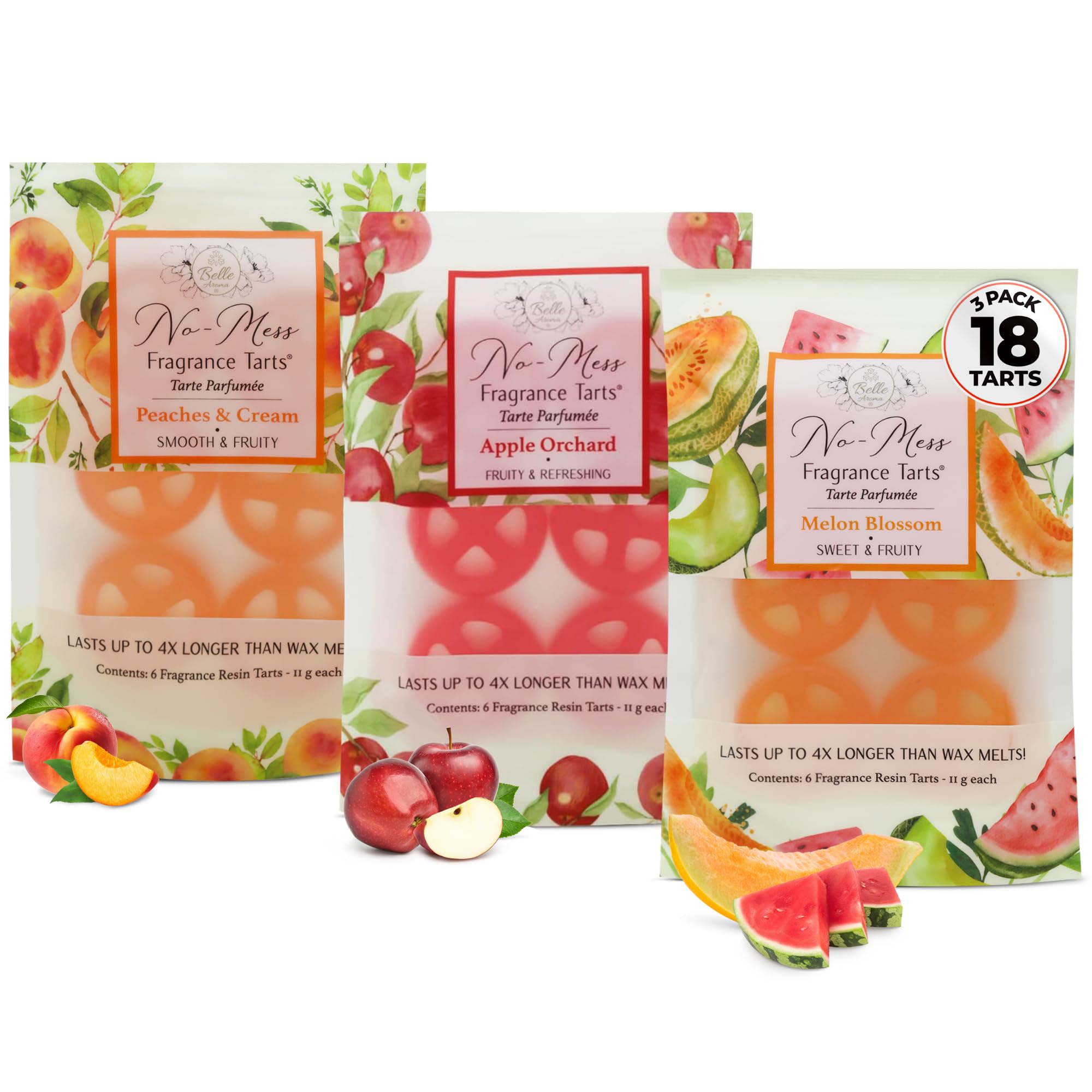 Belle Aroma No-Mess Fragrance Tarts - Non Melting Fragrance Tart for Wax Warmer, Heat Activated Scent, Long Lasting Aroma, 18 Mini 3 Pack Apple Orchard Peaches and Cream Melon Blossom