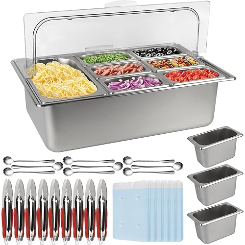 Lanstics Pizza Topping Station Stainless Steel Spice Organizer Salad Bar Buffet Station with Spoons Ice Boxes Buffet Containers Set for Sauce Jam Ingredient Kitchen Restaurant Pantry