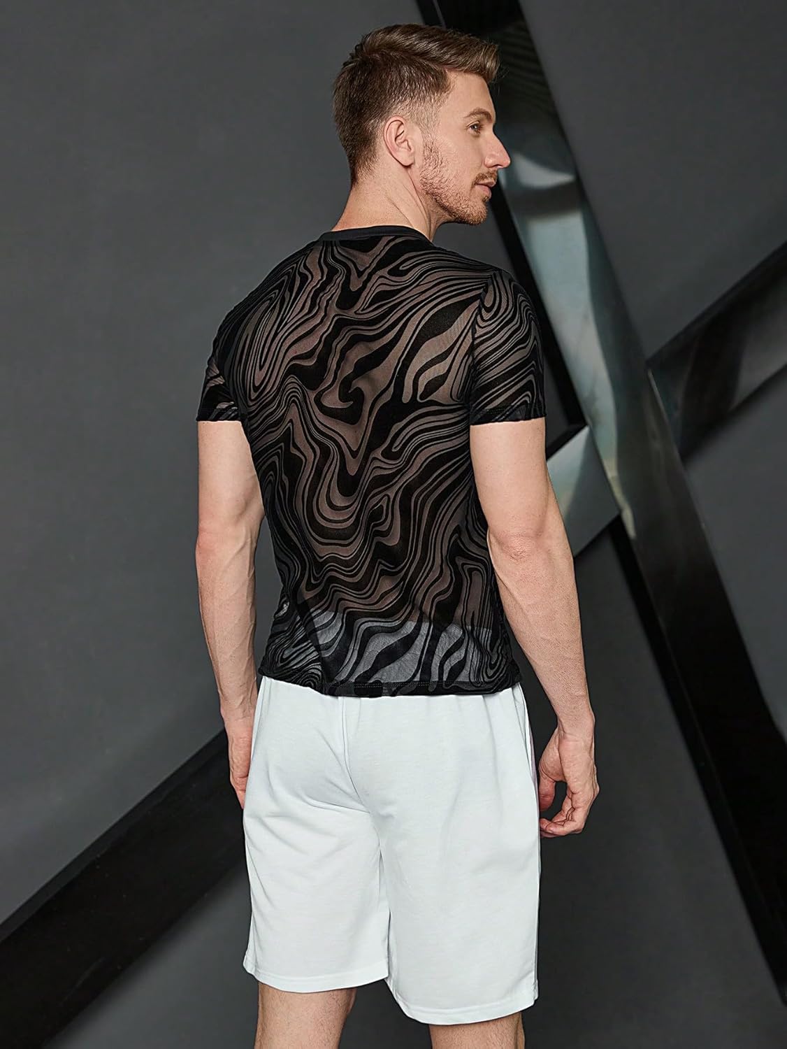 WDIRARA Men's Floral Print See Through Round Neck Short Sleeve Mesh Tshirt Party Top - Image 2