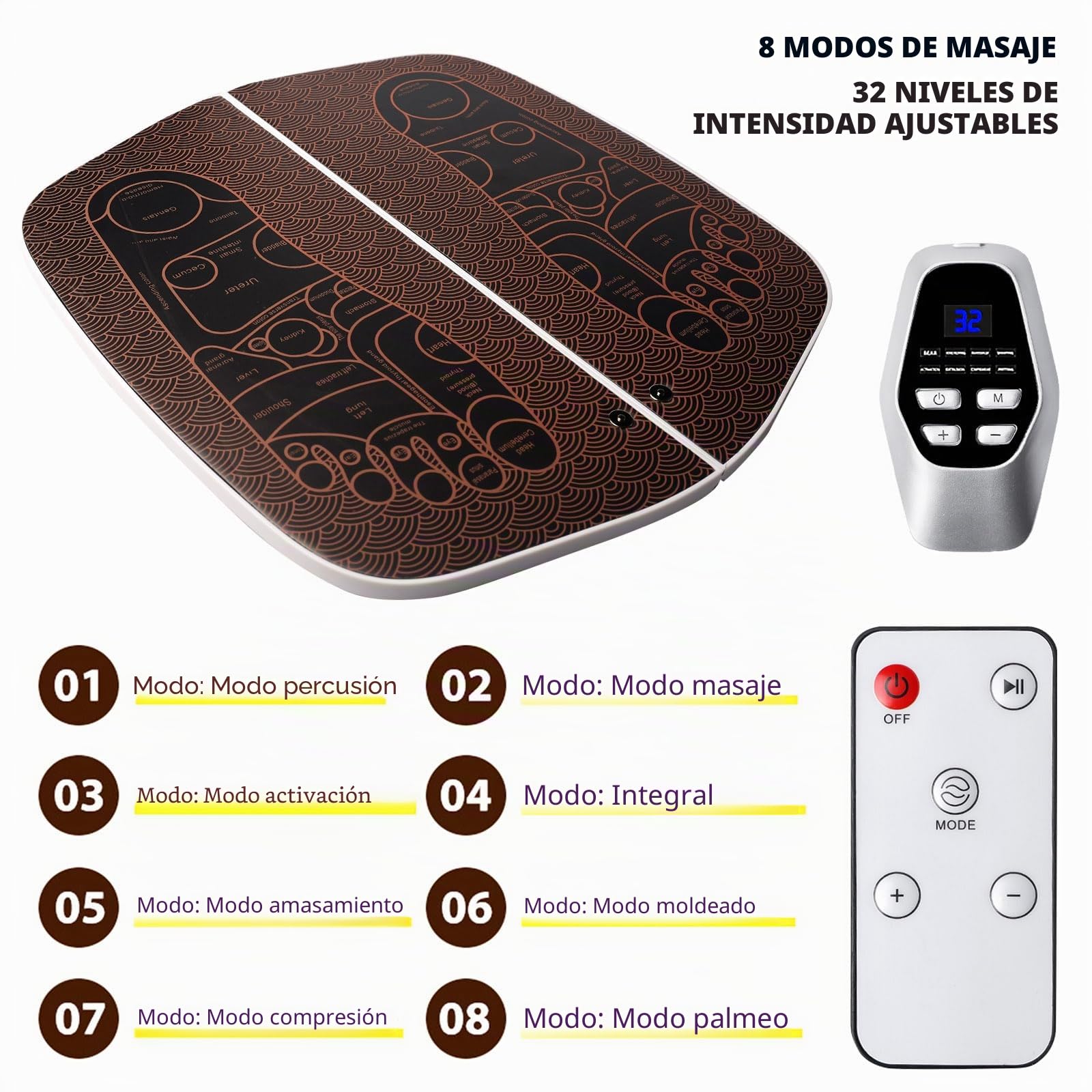 Masajeador de pies eléctrico, con 8 programas de masaje y 32 niveles de intensidad, masajeador de pies para promover la circulación sanguínea y relajar los músculos, ideal para aliviar el dolor de