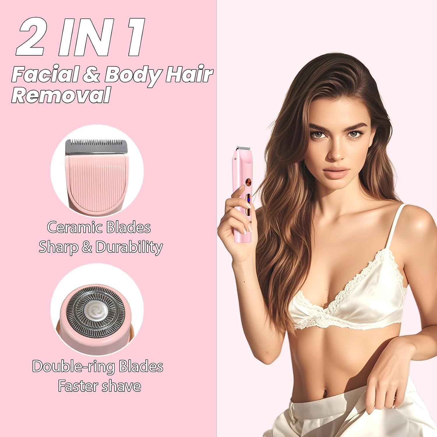 Dermave Bikini Shaver,Bikini Trimmer for Women,2 in 1 Dual Head Waterproof & Painless Electric Razors for Pubic Hair(Upgraded,Light Pink)