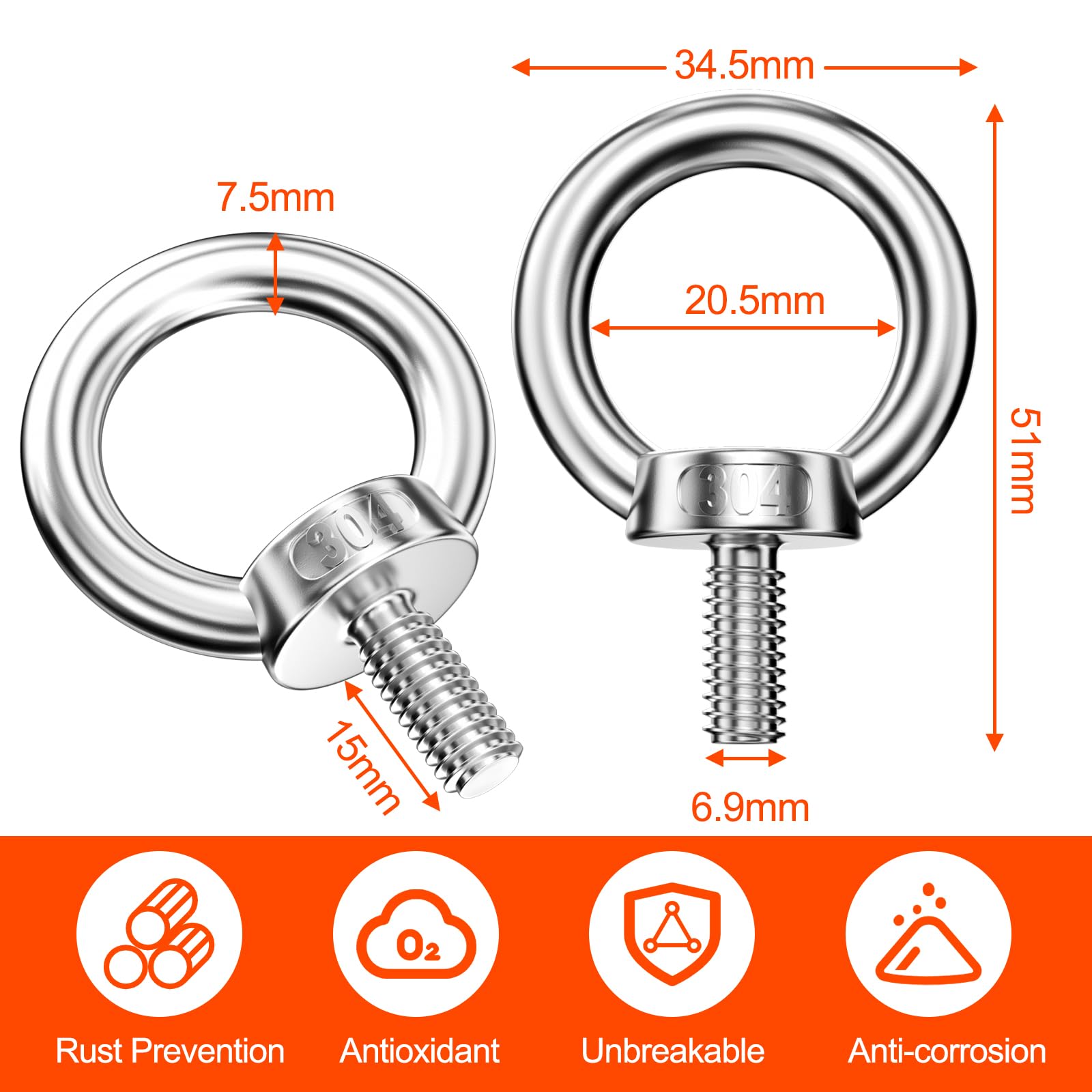 Mesybveo 5 Pezzi M8 Bullone Occhiello, 304 Vite ad Anello, Golfari Acciaio Inox, Filettatura Maschio Bullone ad Anello, Anello di Sollevamento Bulloni Acciaio Inossidabile per Fissaggio e Sospensione