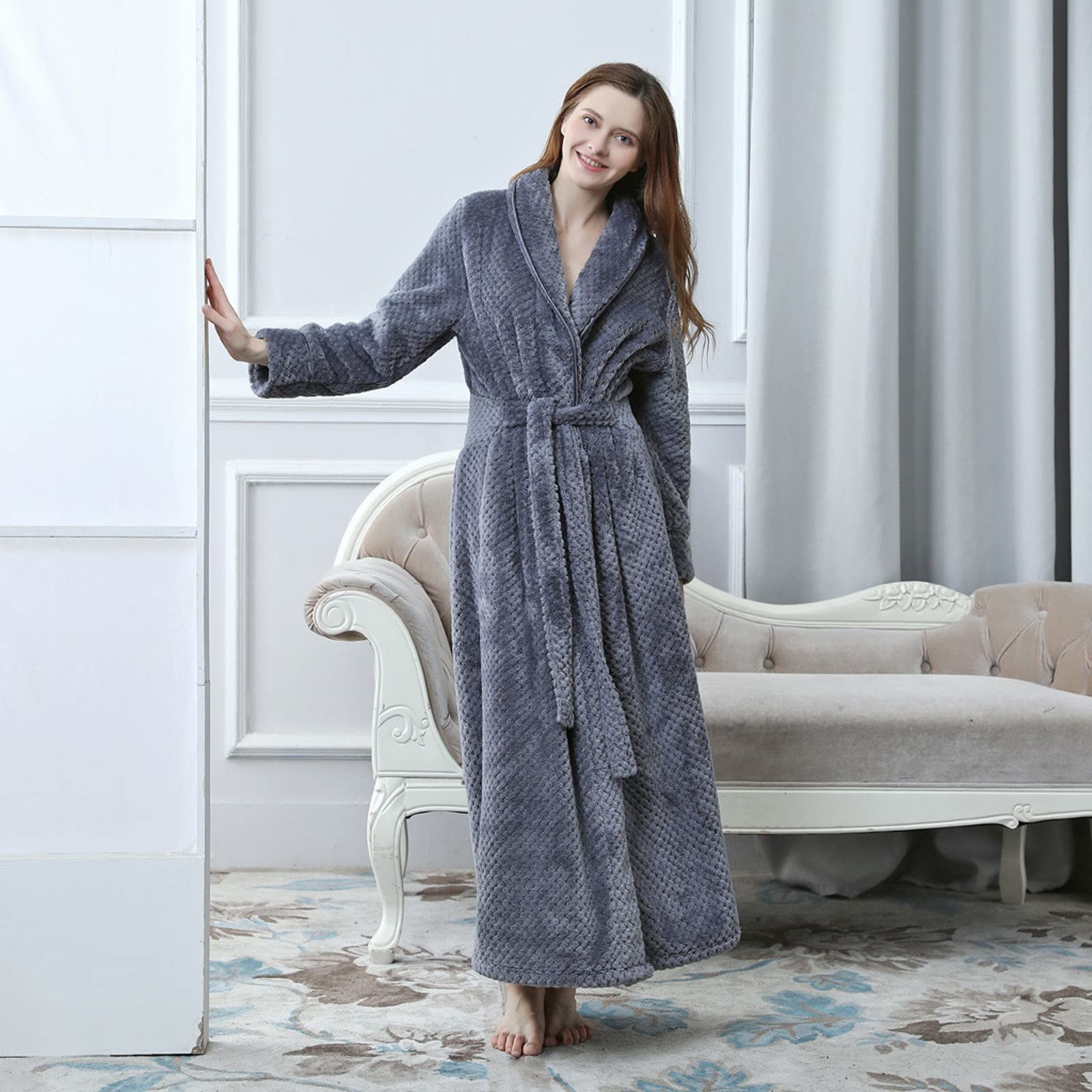 Albornoz de rizo para mujer, sin capucha, bata de algodón para sauna, albornoz largo y mullido, forro polar, suave, ropa de dormir mullida, para salón o casa
