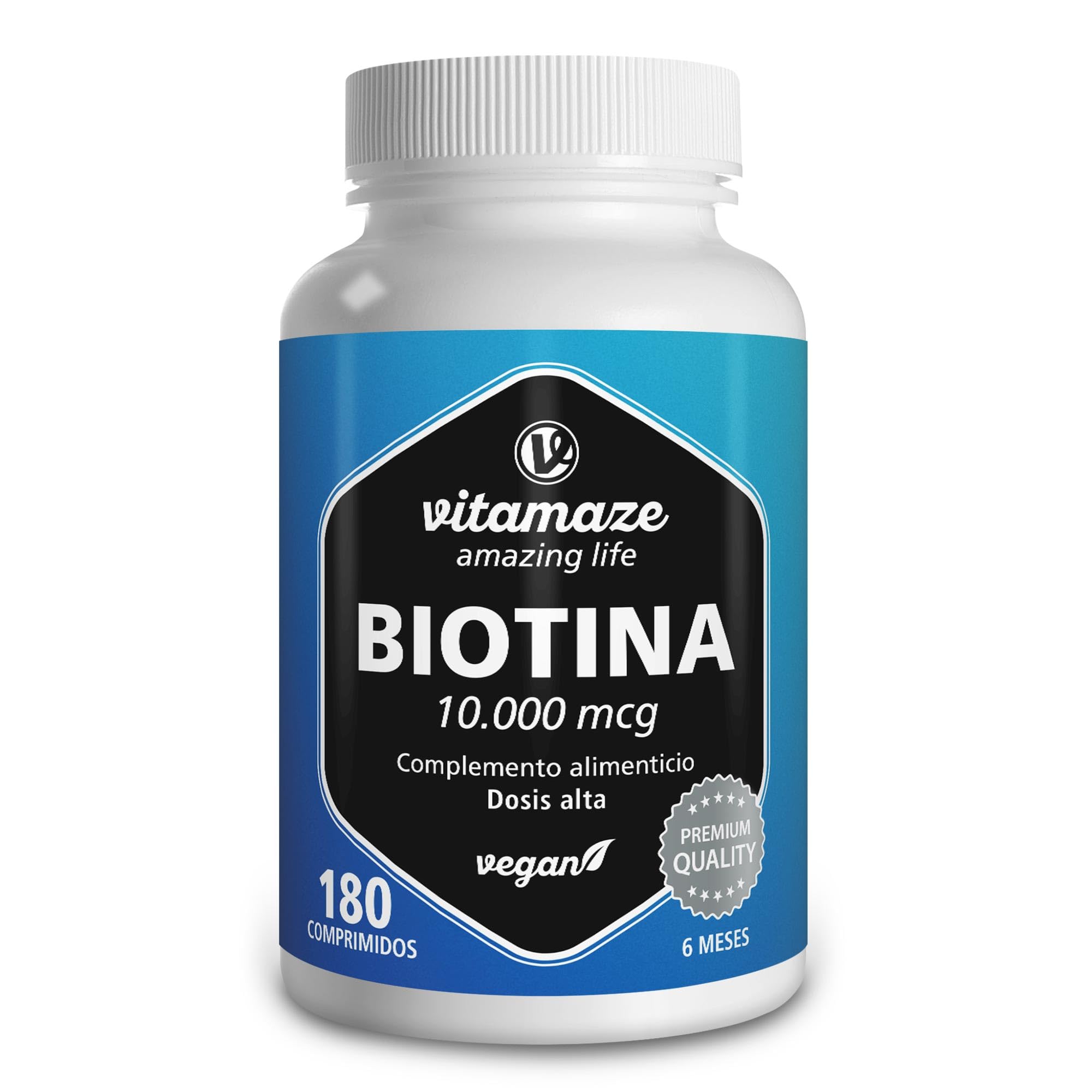 Vitamaze® Biotina 10.000 mcg, 6 Meses de Alta Dosis, con 180 Comprimidos Veganos, Vitaminas para el pelo con 10 mg de Biotina para el cabello, Vitaminas Para el Cabello, Piel y Uñas.