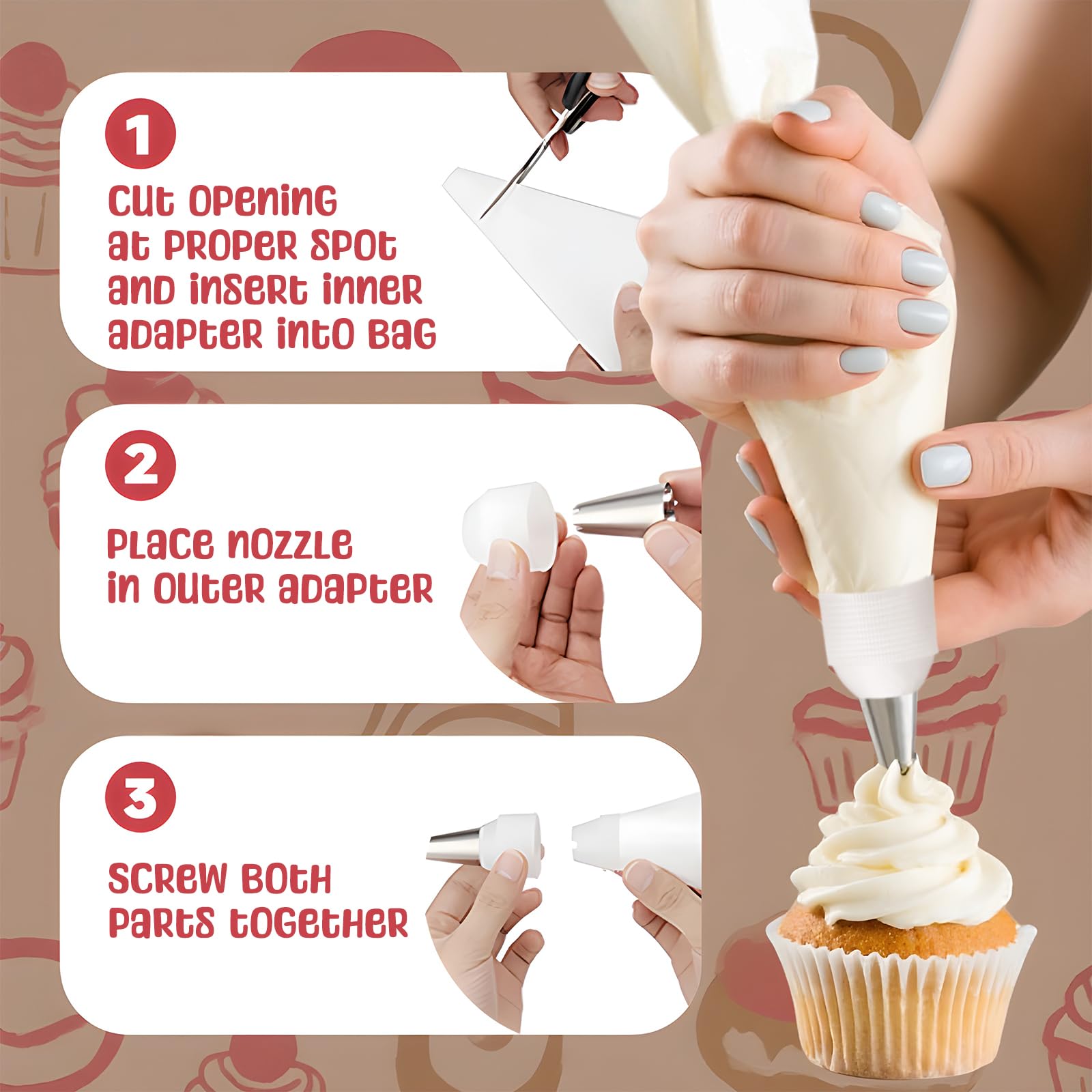 Rękaw Cukierniczy Wielorazowy z 7 Tylki Cukiernicze, 12-częściowy Zestaw do Dekoracji Tortów, Ciast i Babeczek z 2 Bawełnianymi Workami Cukierniczymi 35cm, 2 Adapterami i Szczoteczką
