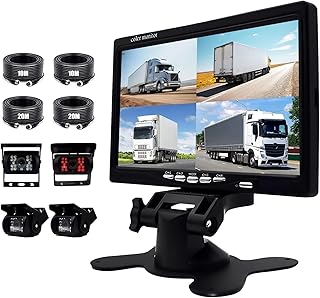 Camecho Vehicle Backup Camera 7 Inch 4 Split Monitor+ 4 Cameras with Front View, Rear View 18 IR Night Vision Waterproof Auto Camera with 2x33 ft and 2x65ft Cables for Trucks, RV, Trailer, Bus