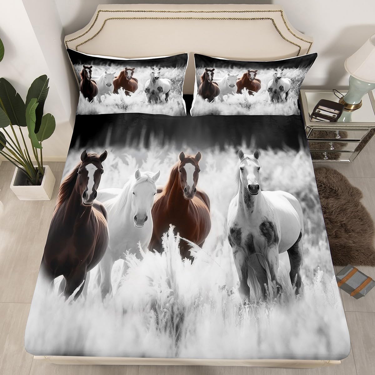 Brown Horse Fitted Sheet Western Cowboy Bedding Set Exotic Farm Animals Bed Cover for Kids Teen Boys Adults Horses Wildlife Rustic Country Bedclothes with 2 Pillow Cases Full Size White