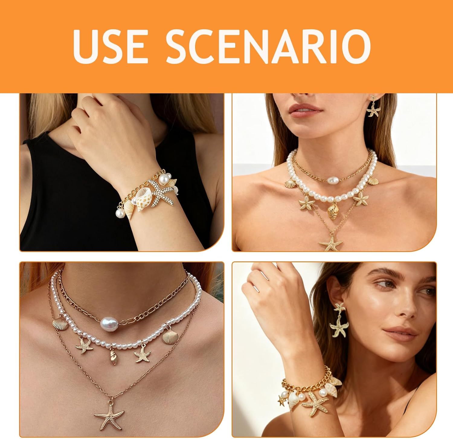 3PCS Gold Seashell Mermaid Jewelry Set for Women, Seashell Necklace and Starfish Bracelet Earrings, Mermaid Costume Accessories for Beach Party Hawaiian Vacation and Photo Prop - Image 3