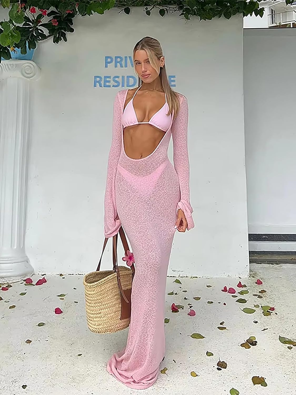 Women's 3 Piece Swimsuit Set Long Sleeve Sheer Mesh Cutout Maxi Dress Cover Up with Triangle Bikini Beach Vacation Swimwear