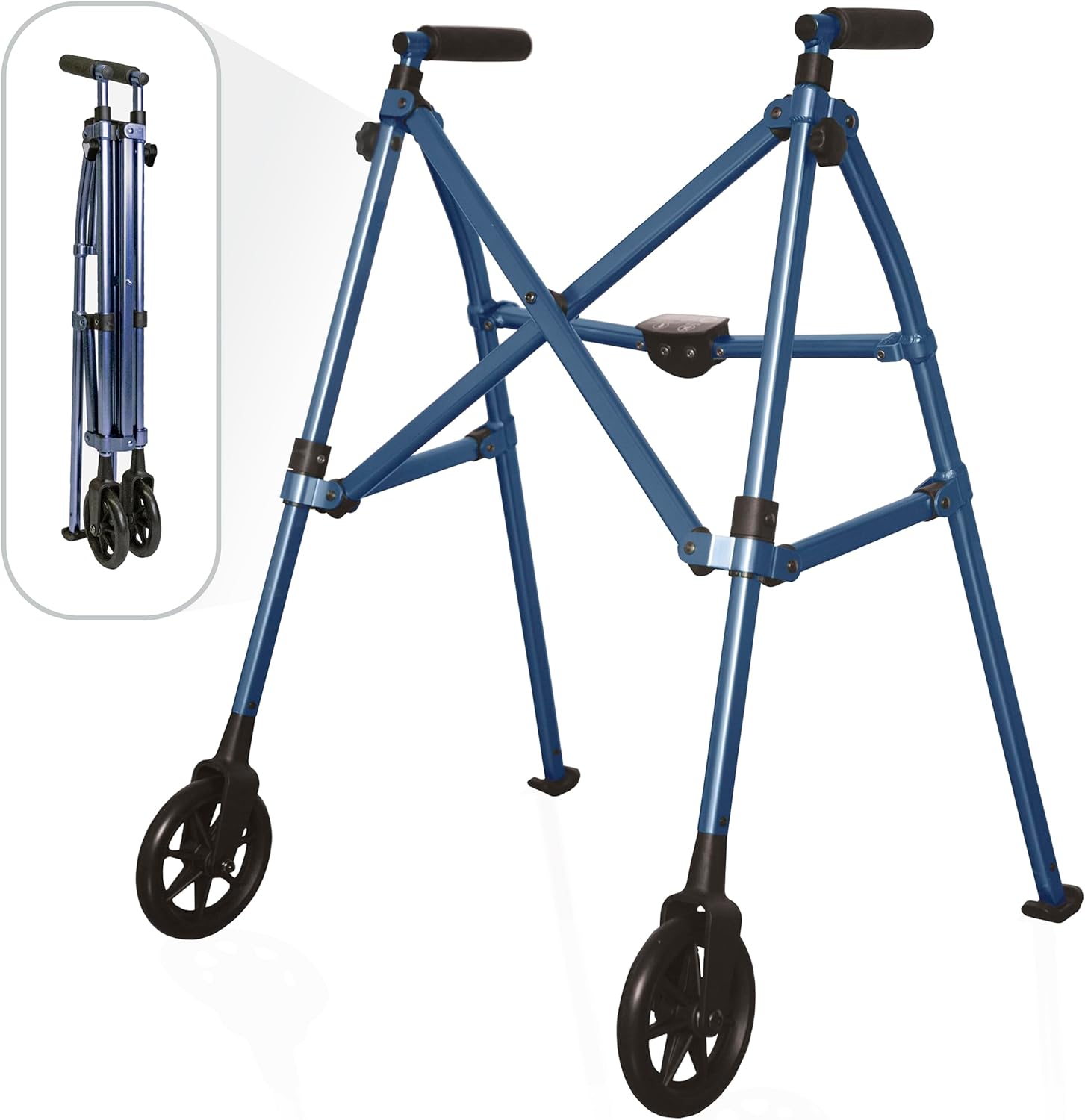 Stander Space Saver Walker, Lightweight Folding Rolling Mobility Aid for Seniors &amp; Adults, Compact 2-Wheel Disability Device with 6-inch Wheels &amp; Ski Glides for Walking Support, Cobalt Blue