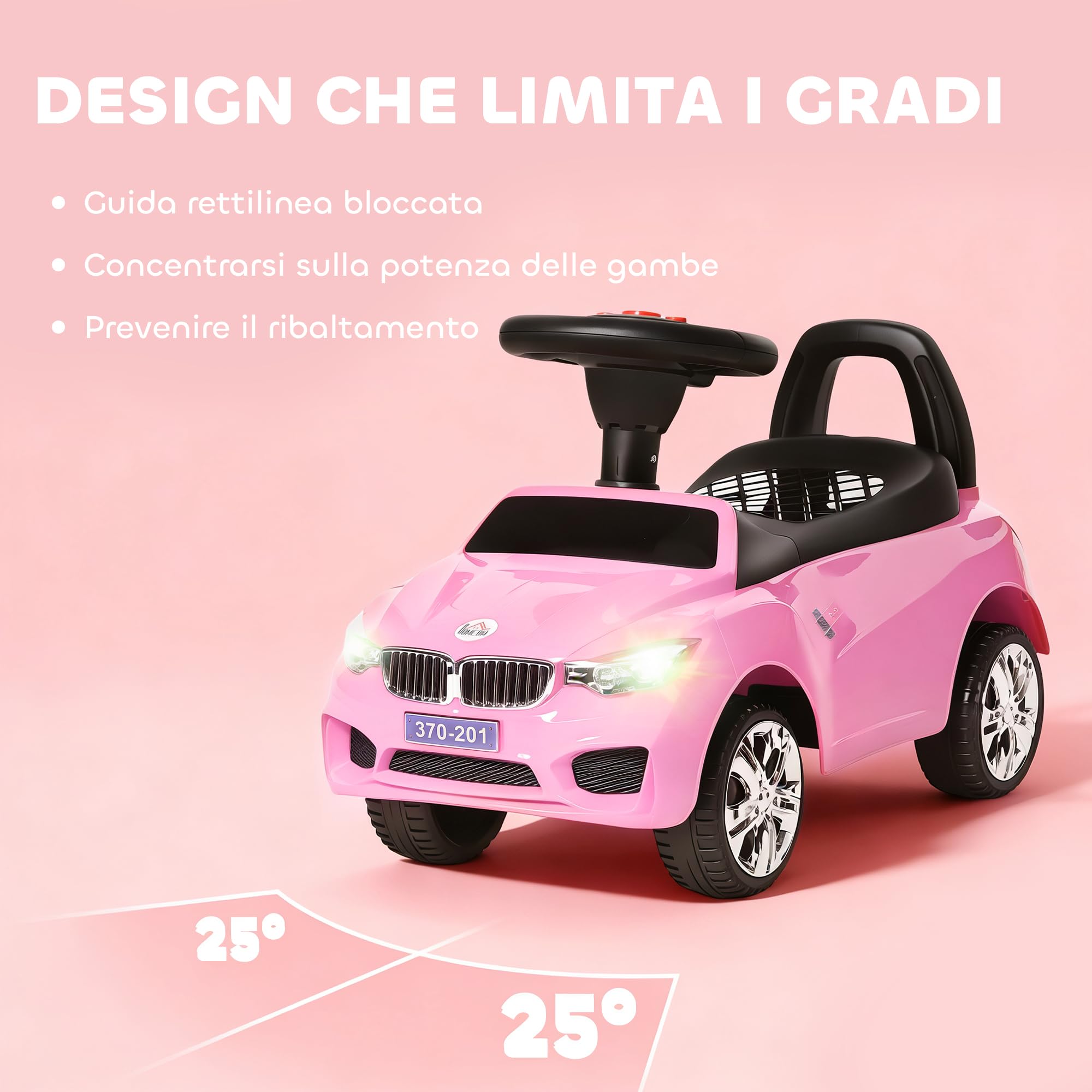 HOMCOM Coche Correpasillos para Niños de 18-36 Meses Andador Correpasillos con Faros Música Bocina Volante Espacio de Almacenaje y Asa para Empujar 63,5x28x36 cm Rosa