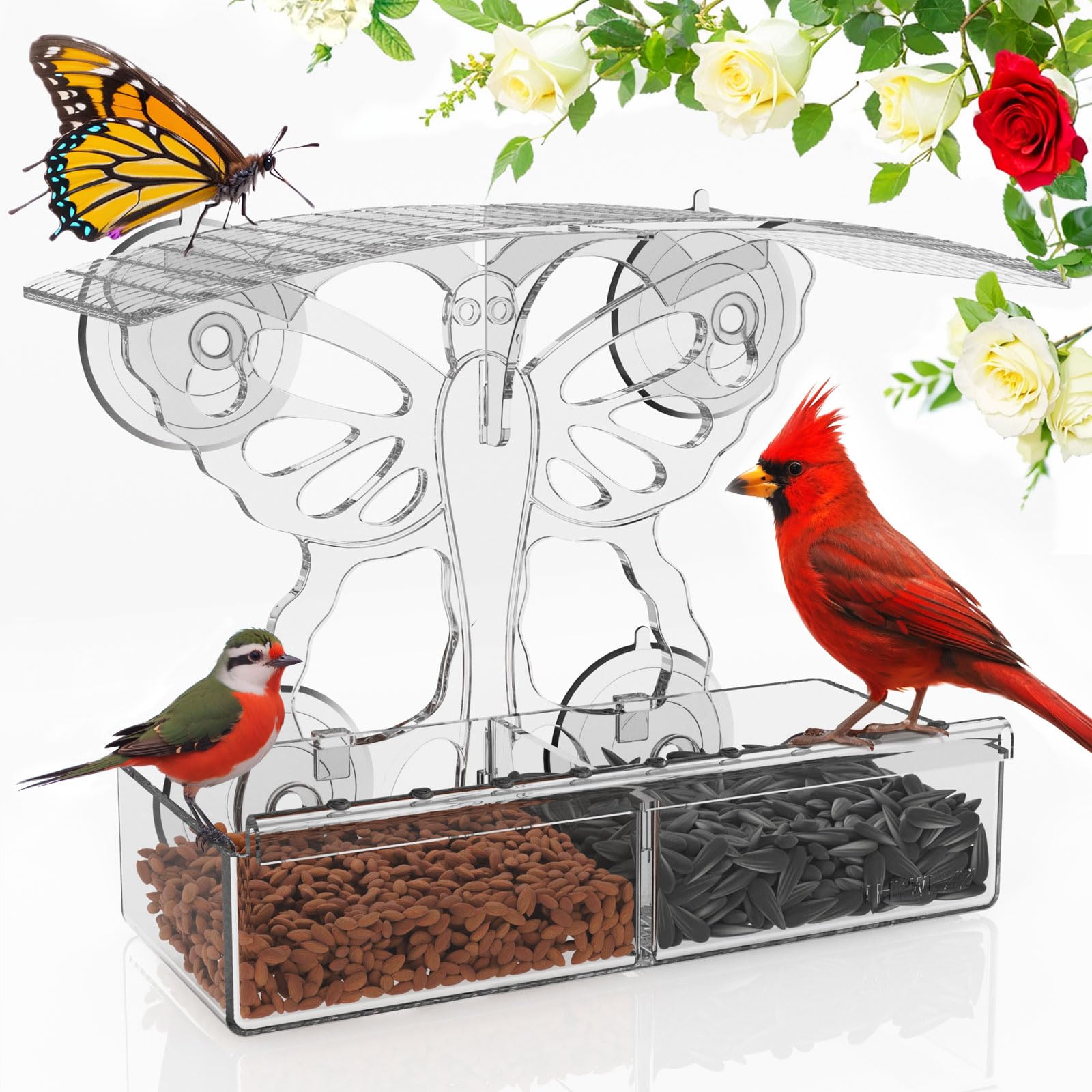 Window bird feeders with strong suction cups,Intensification securely connected, transparent acrylic window bird feeder for viewing inside and outdoors and Window Decor,Detachable Tray, Easy to Clean.