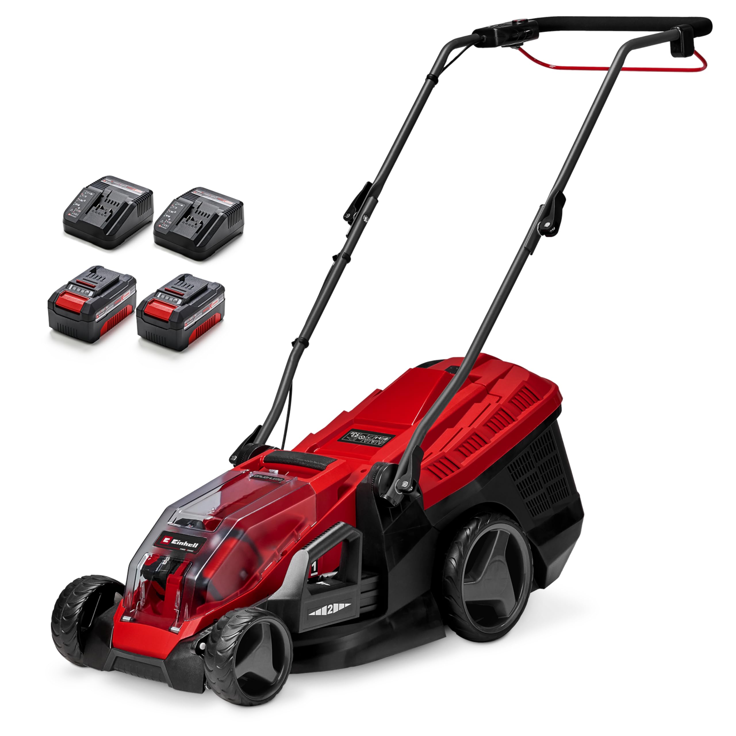 Einhell Akku-Rasenmäher GE-cm 36/36 Li Kit Power X-Change (36 V, 36 cm Schnittbreite, bis 400 m², Brushless, 40L Fangkorb, 25-75 mm Schnitthöhe, inkl. 2X 4,0 Ah Akku + 2X Ladegerät)