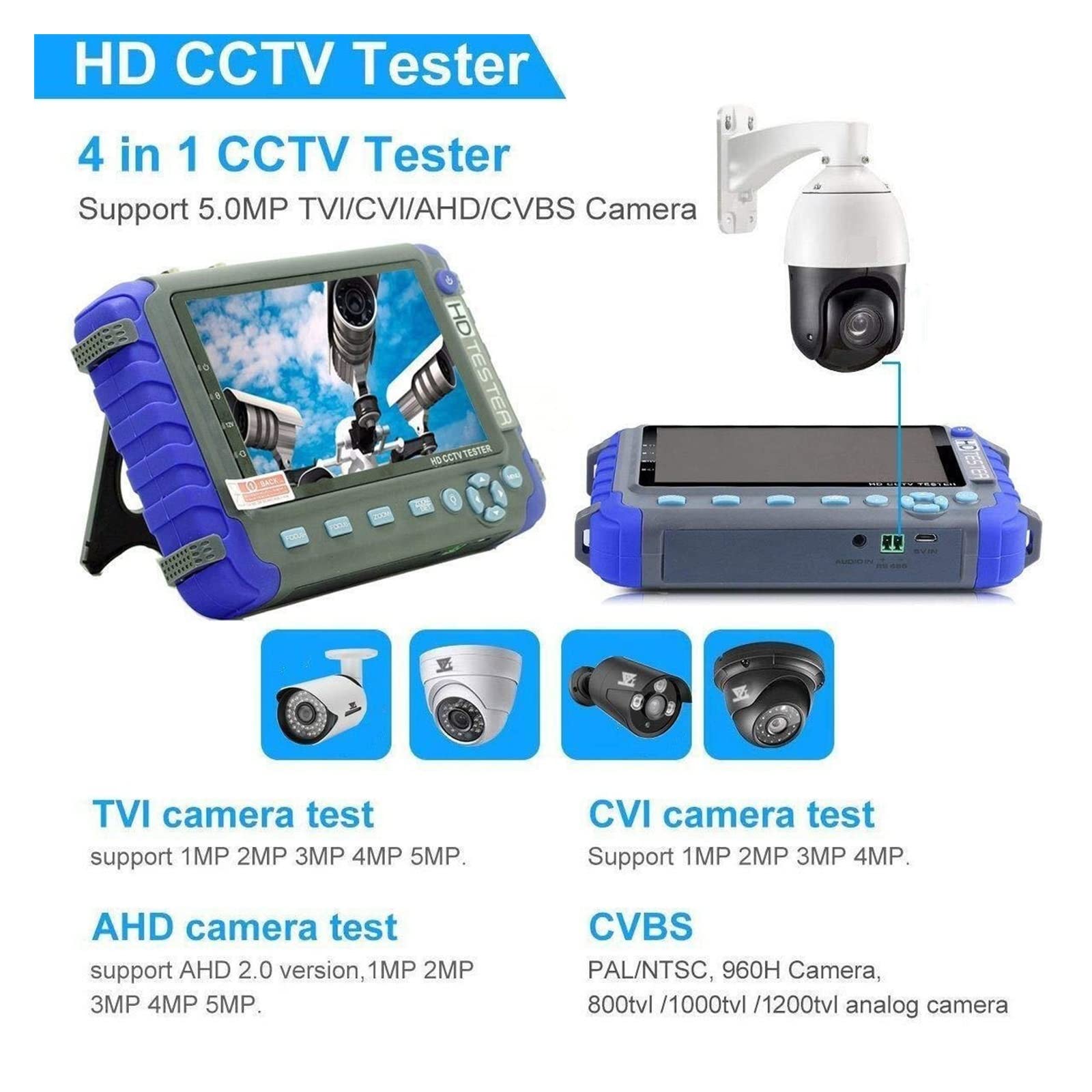 Tester CCTV 4 in 1 da 5 pollici, tester for videosorveglianza AHD TVI CVI Supporta 8MP, tester CCTV portatile for telecamera con uscita DC12V