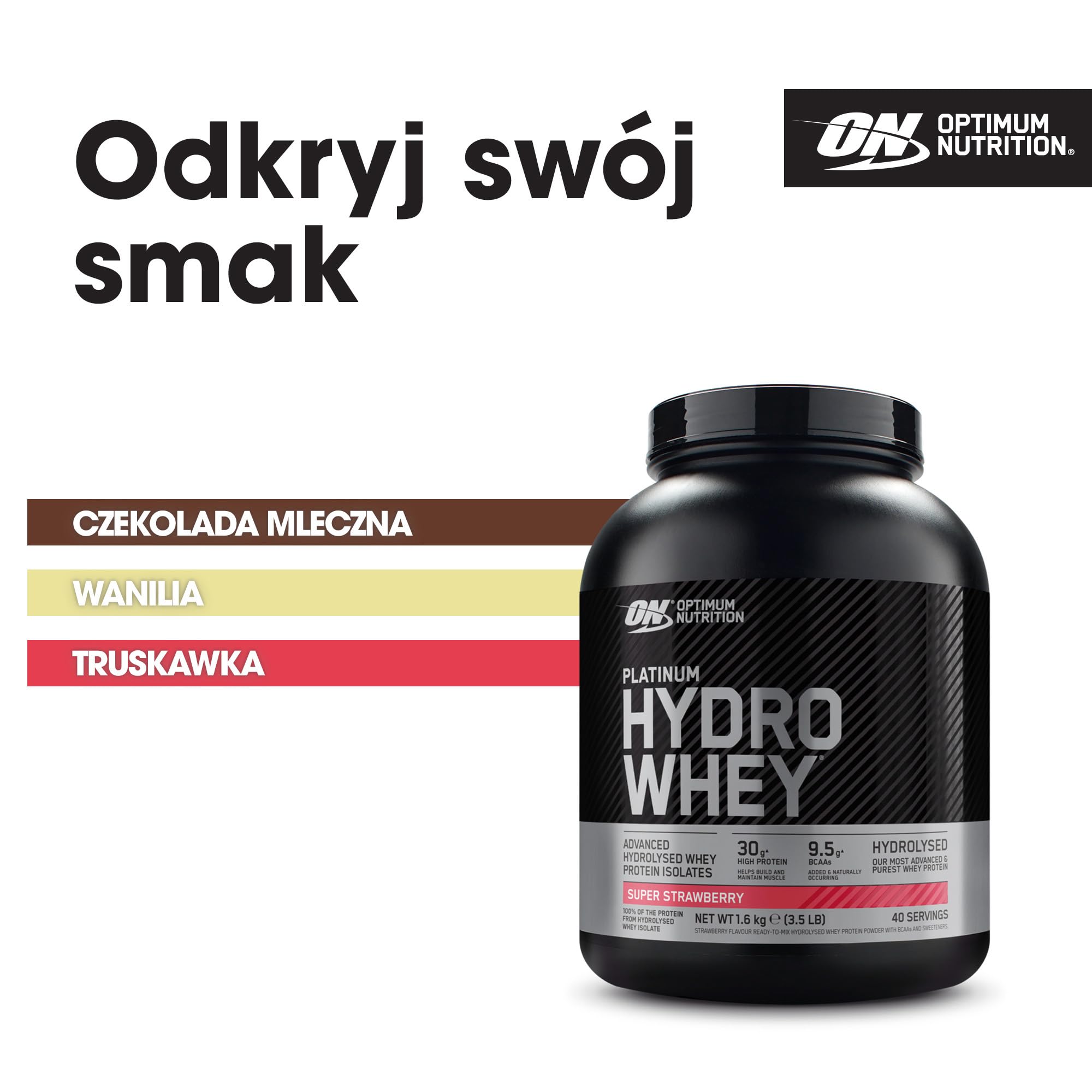 Optimum Nutrition Platinum Hydro Whey, odżywka z hydrolizowanego izolatu białka serwatkowego z aminokwasami egzogennymi, glutaminą i BCAA, smak super truskawka, 40 porcji, 1,6 kg