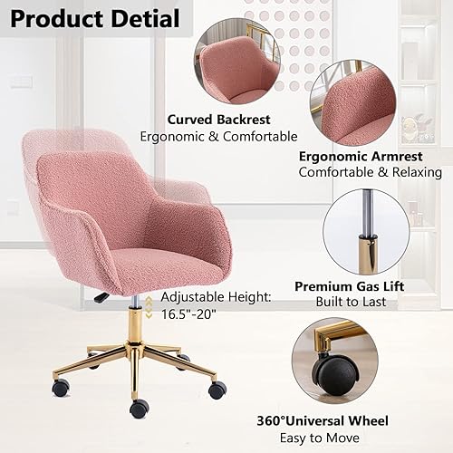 Miniatura 4 de Silla moderna de peluche para oficina en casa, bonita silla de escritorio tapizada con patas de metal dorado, silla giratoria ajustable con ruedas,