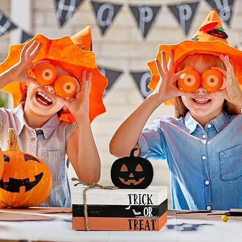 Miniatura 4 de Smile Happy - Pila de madera de Halloween, paquete de mini libros falsos de calabaza, decoración de bandeja escalonada de truco o trato, decoración