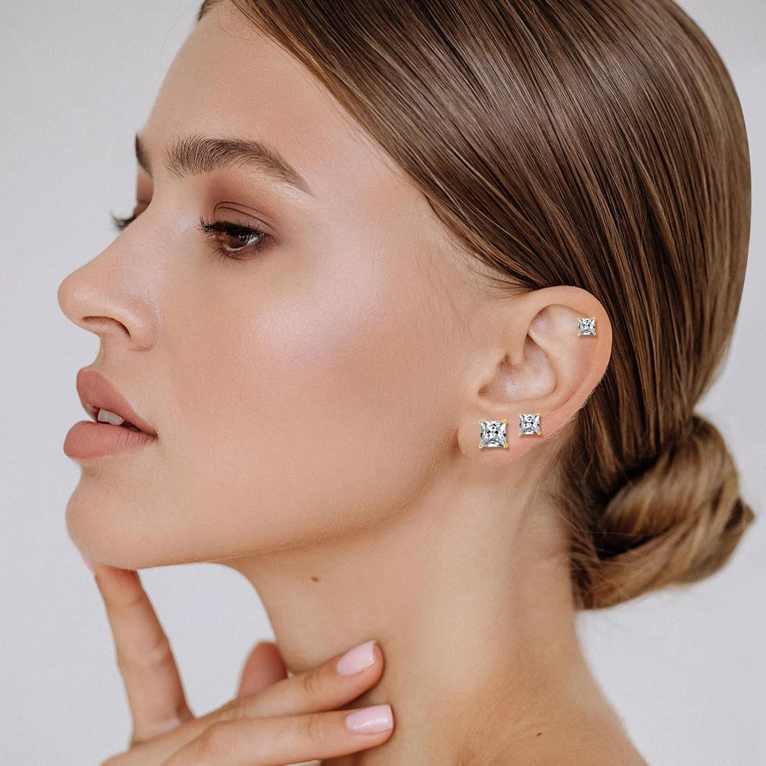 6 Pairs Stud Earrings set, 4mm/6mm/8mm 18K Gold Plated Princess & Round Cubic Zirconia Earrings Nickel Free Earrings CZ Earring for Women Men - Image 8