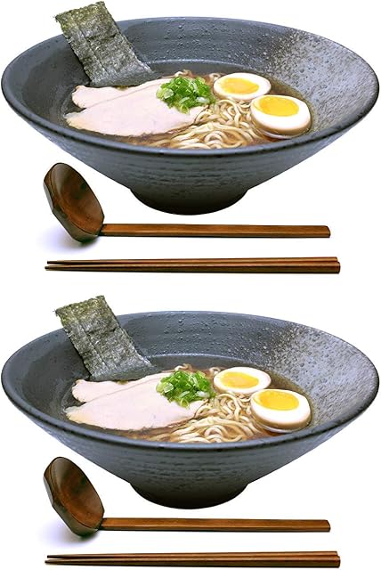 2 Sets (6 Piece) Large Ceramic Japanese Ramen Bowl 1700 milliliters for Noodle Soup Ramen Bowl Set Udon Soba Pho with Matching Chopsticks and Spoon (2, Speckled Grey, 9.5 inches)