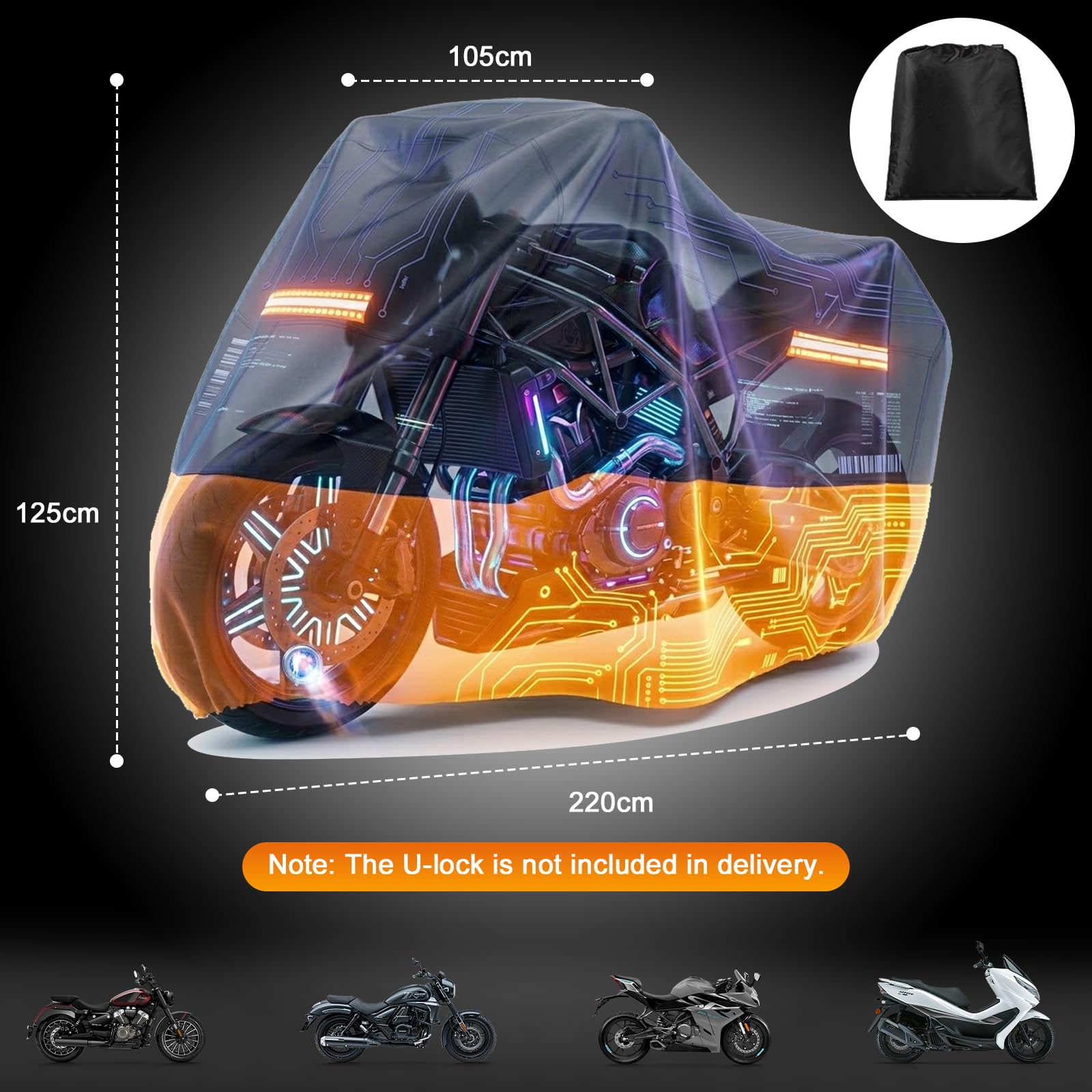 Favoto Housse Moto Extérieure Imperméable - Bâche de Protection XL Anti-UV & Anti-Poussière avec Trou pour Antivol Sangles Coupe-Vent Noir Orange 220×105×125cm - 5
