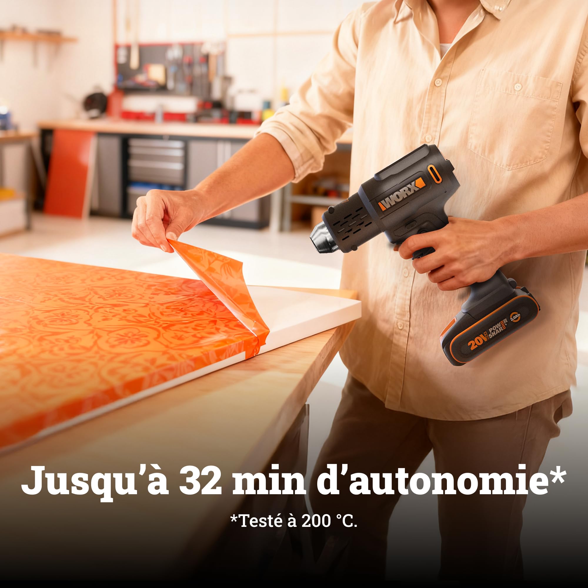 WORX Décapeur thermique sans fil 20V WX015, température réglable de 20 °C à 600 °C, chauffe rapidement, compact et ergonomique, polyvalent, livré avec batterie, chargeur et 3 buses