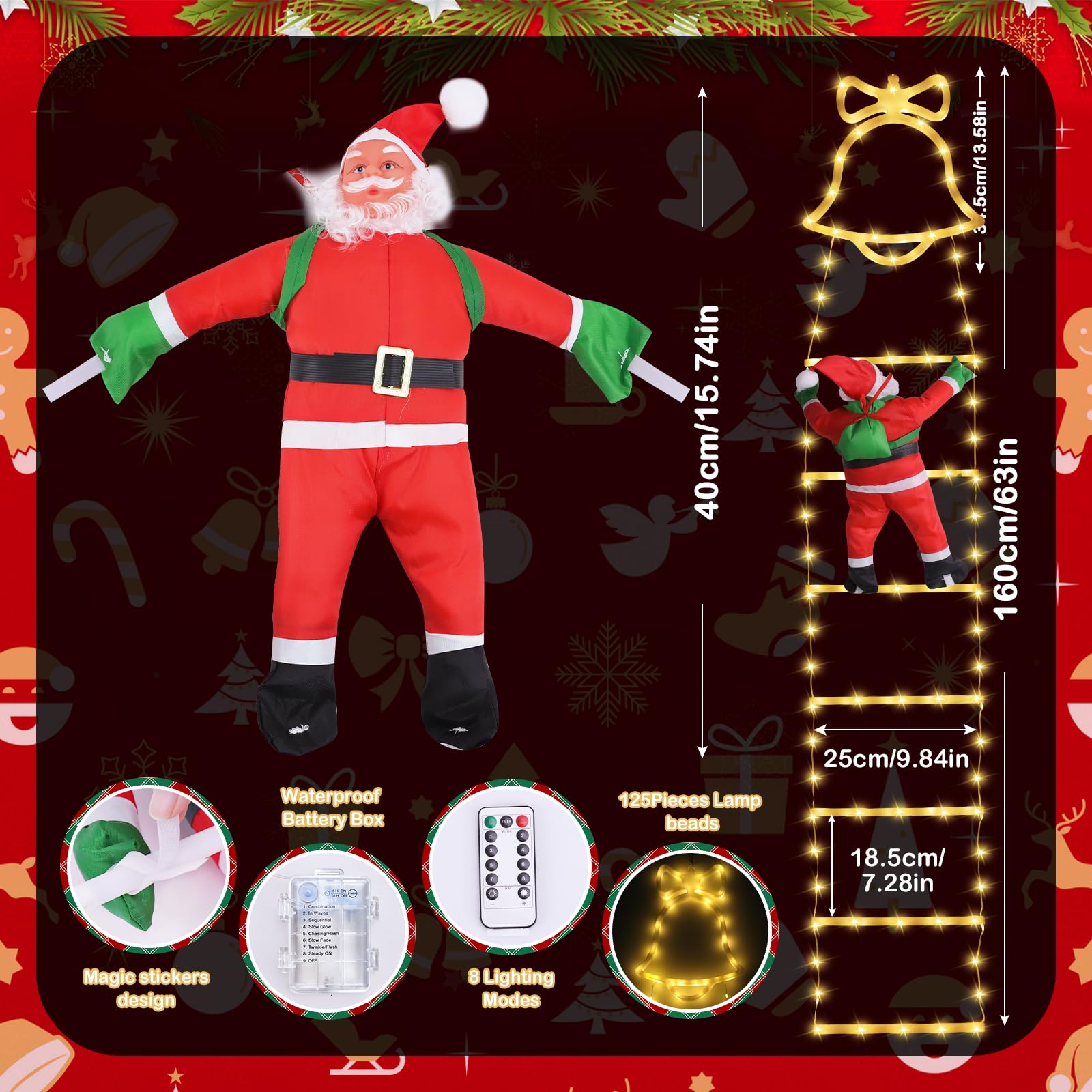 SelfTek Échelle décorative de Noël avec Père Noël grimpant - Décorations de Noël à DEL avec 8 modes d'éclairage pour intérieur, extérieur, jardin (160 cm, blanc chaud)