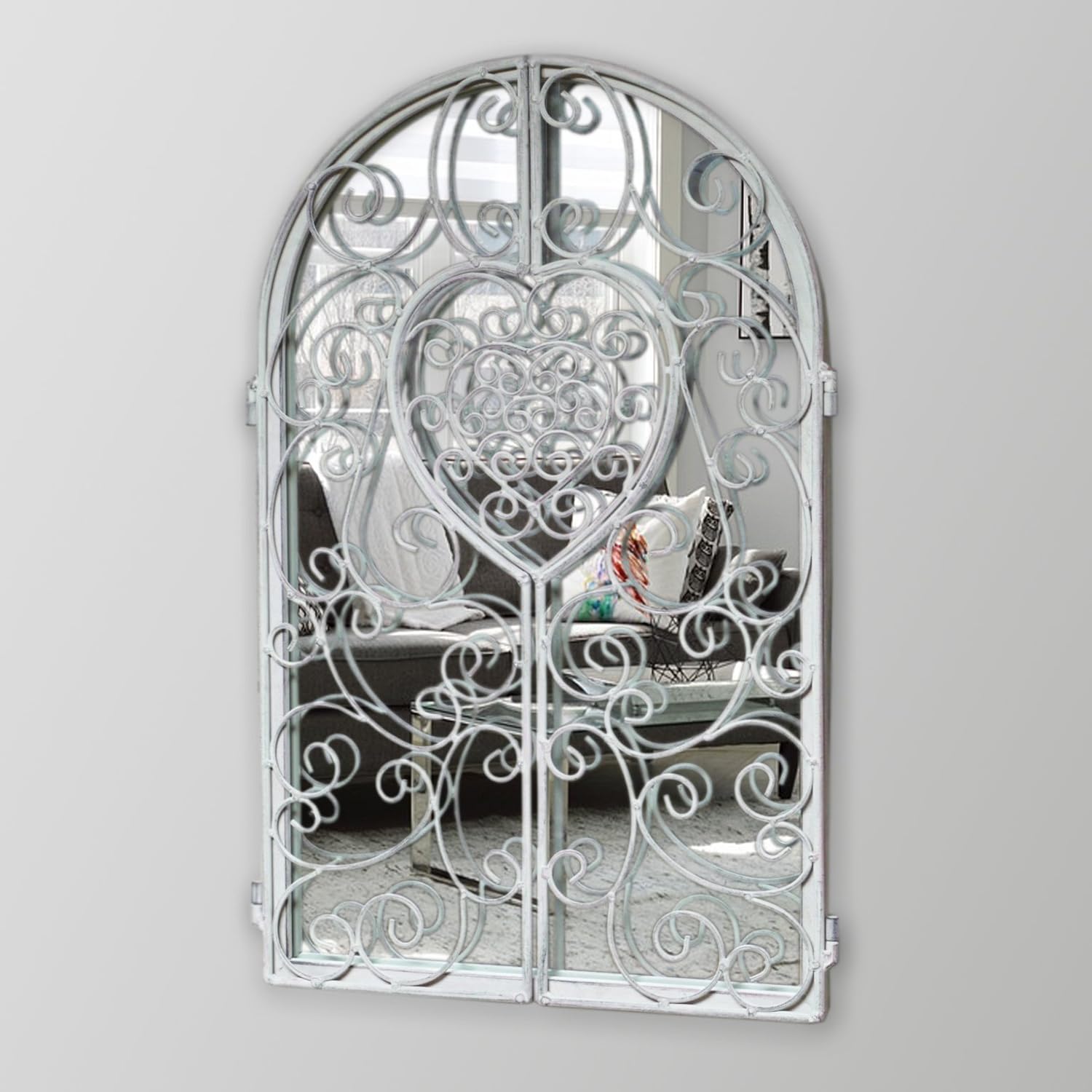 Shabby Chic Arch Gothic Window Mirror Metal Frame & Working Shutters