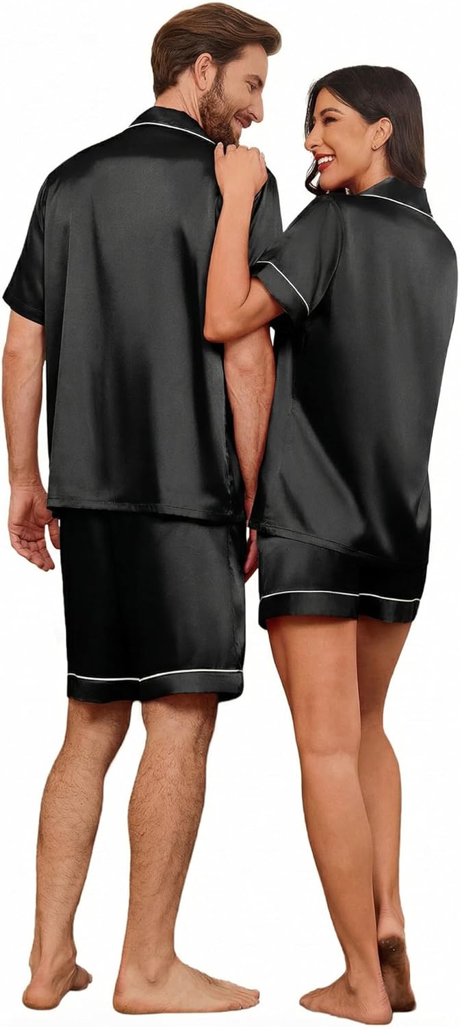 Ekouaer Couple Matching Pajamas Sets Silk Short Sleeve Button Down Sleepwear Satin Pjs Shorts Set Soft Lounge Set S-XXL - Image 4