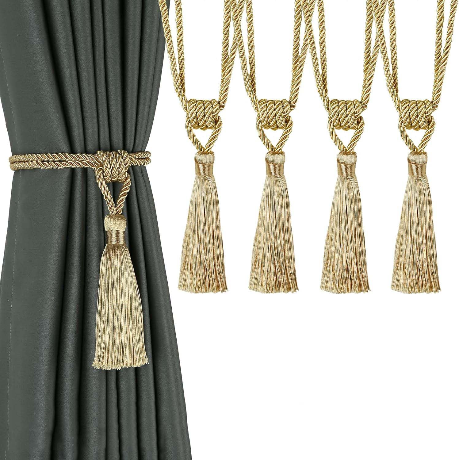 BEL AVENIR Curtain Tiebacks Tassel Tie-Backs, Rope Curtain tie Backs Handmade Curtain Holdbacks Made from Polyester(Gold, 4p)