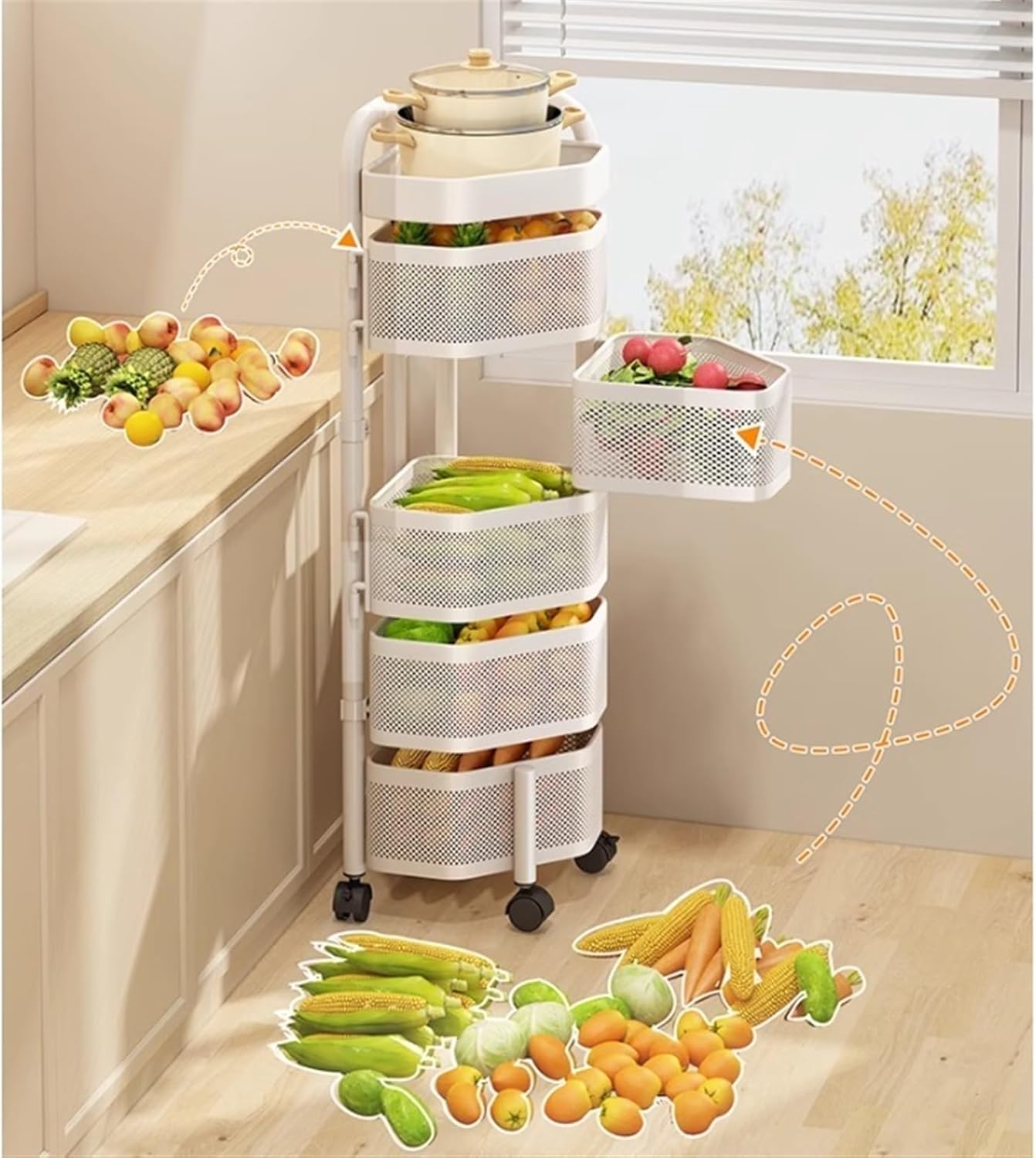 Corner Shelf Bookcase Rotatable Corner Shelf with Wheels Corner Storage Rack Carbon Steel Corner Shelves for Living Room Bathroom Kitchen Storage Unit for Living Room (White 5 Tier)