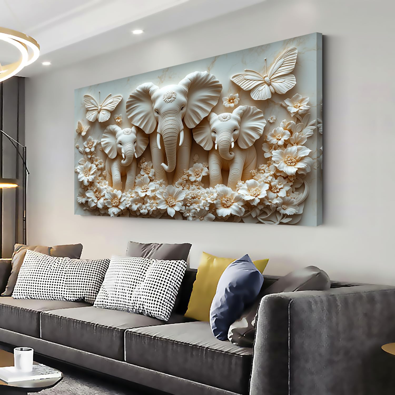 LASMOND Zen Ivory White Relief Elephants Wall Art for Living Room Office Contemporary Art Deco Religion Painting Prints Modern Canvas Artwork Over the Couch Kids Bedroom Decor