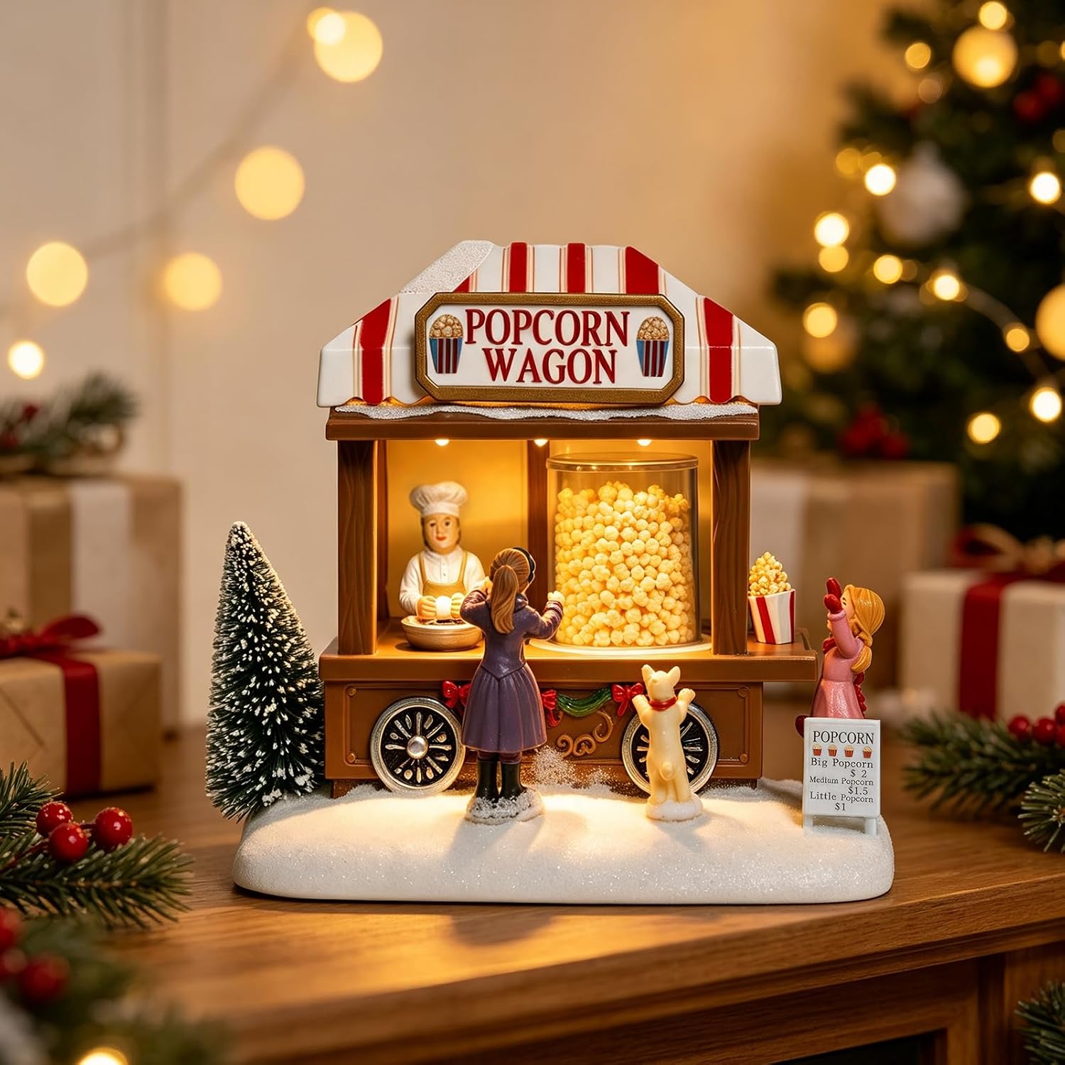 MUMTOP Christmas Village House, Animated Popcorn Wagon with Light and Music