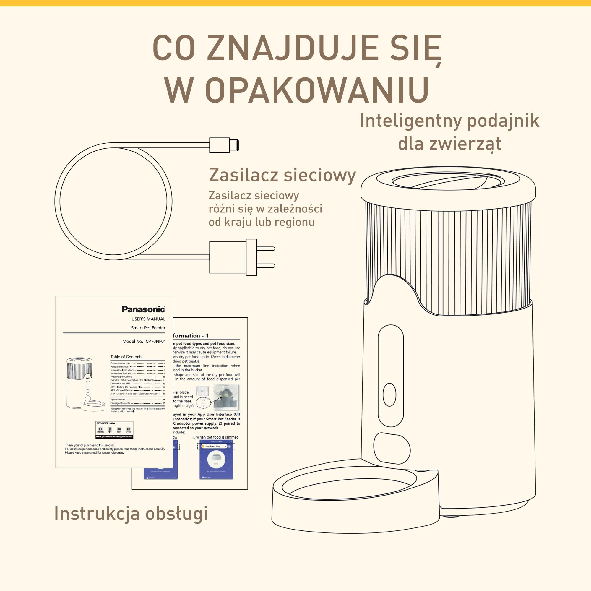 Panasonic CP-JNF01-W Inteligentny Podajnik Karmy dla Kotów i Średnich Psów, Pojemność 2,8 L, Zdalne Sterowanie Aplikacją, Monitorowanie Poziomu Jedzenia, Wi-Fi, Do Zmywarki, Podwójne Zasilanie, Biały