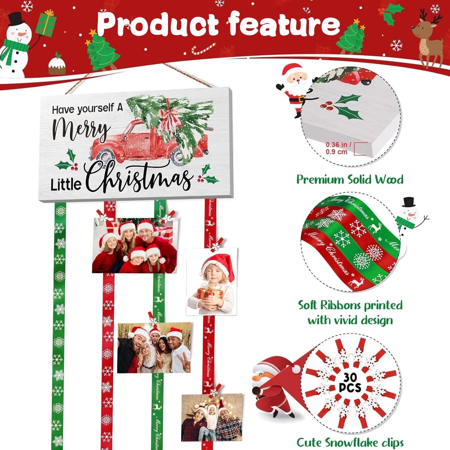 KAHEIGN Weihnachten Kartenhalter, 40cm x 120cm Holz Kartentafel Grußkartenhalter zum Aufhängen an die Wand, Weihnachtskarten-Displaytafel mit 30 Schneeflocken Fotoclips für Weihnachtsdekoration