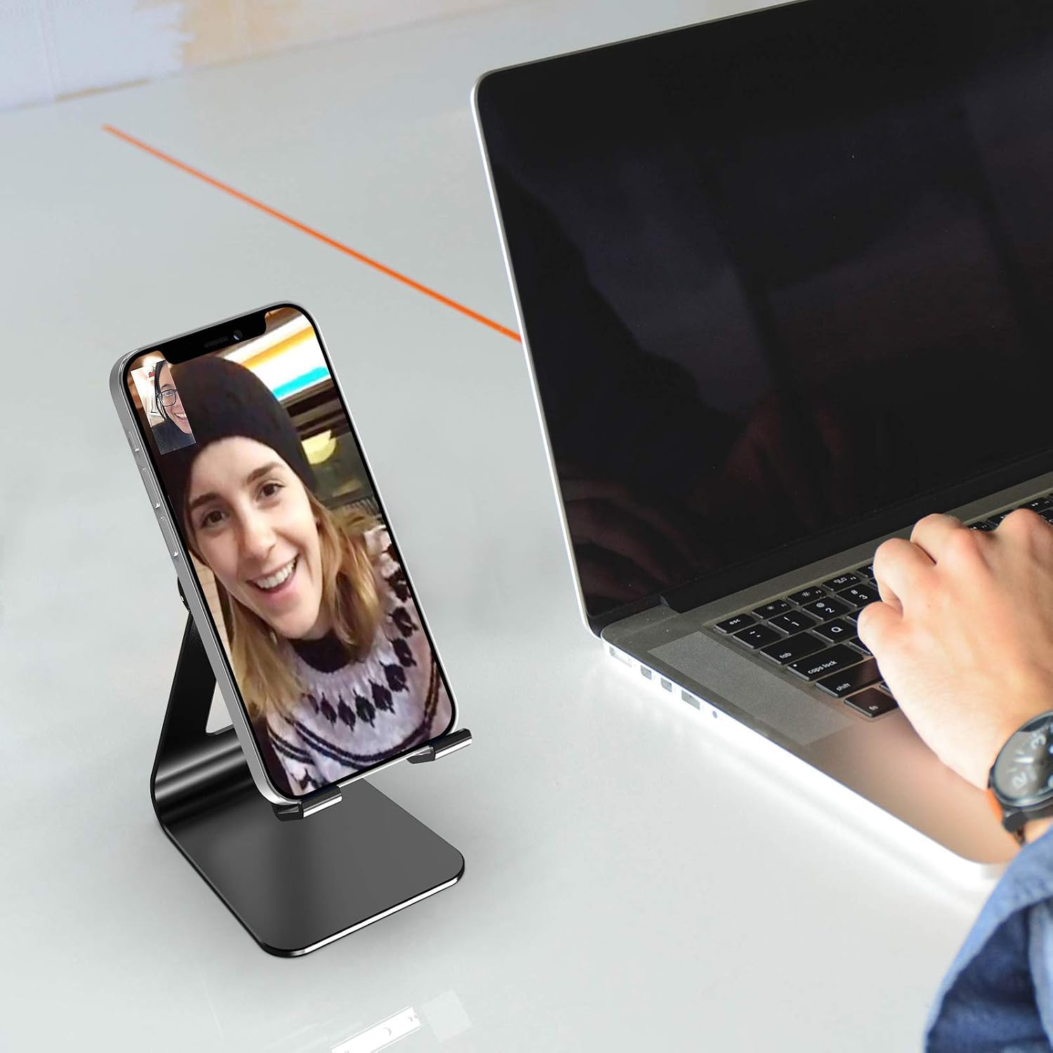MROCO Phone Stand, Adjustable Phone Holder Compatible with All Smartphone Mobile Phone, Aluminium Cell Phone Stand with Non Slip Pad for Desk, Home Office Phone Accessories, Portable, Black