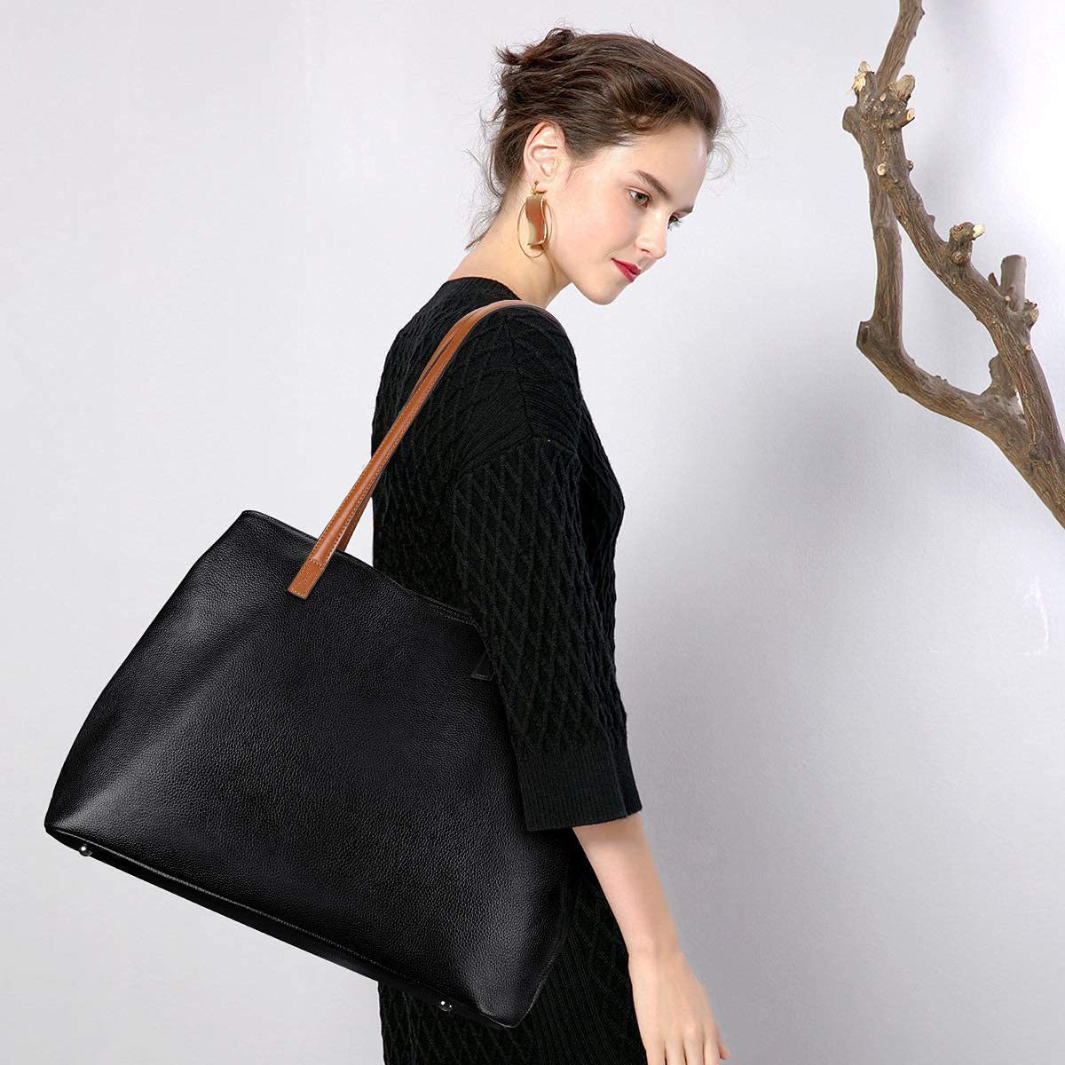 S-ZONE Bolso de mano de piel auténtica suave para mujer de gran capacidad Bolso bandolera para portátil de 13"