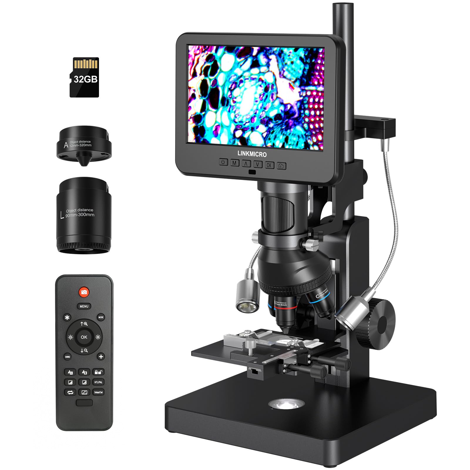 LINKMICRO LM266S 5 Lens HDMI Digital Microscope 5000X for Adults, Lab Biological Microscope Camera with Screen for Slides Kit Mechanical Stage, UHD 2160P Video, 7" LCD Coin Microscope Full View, 32GB