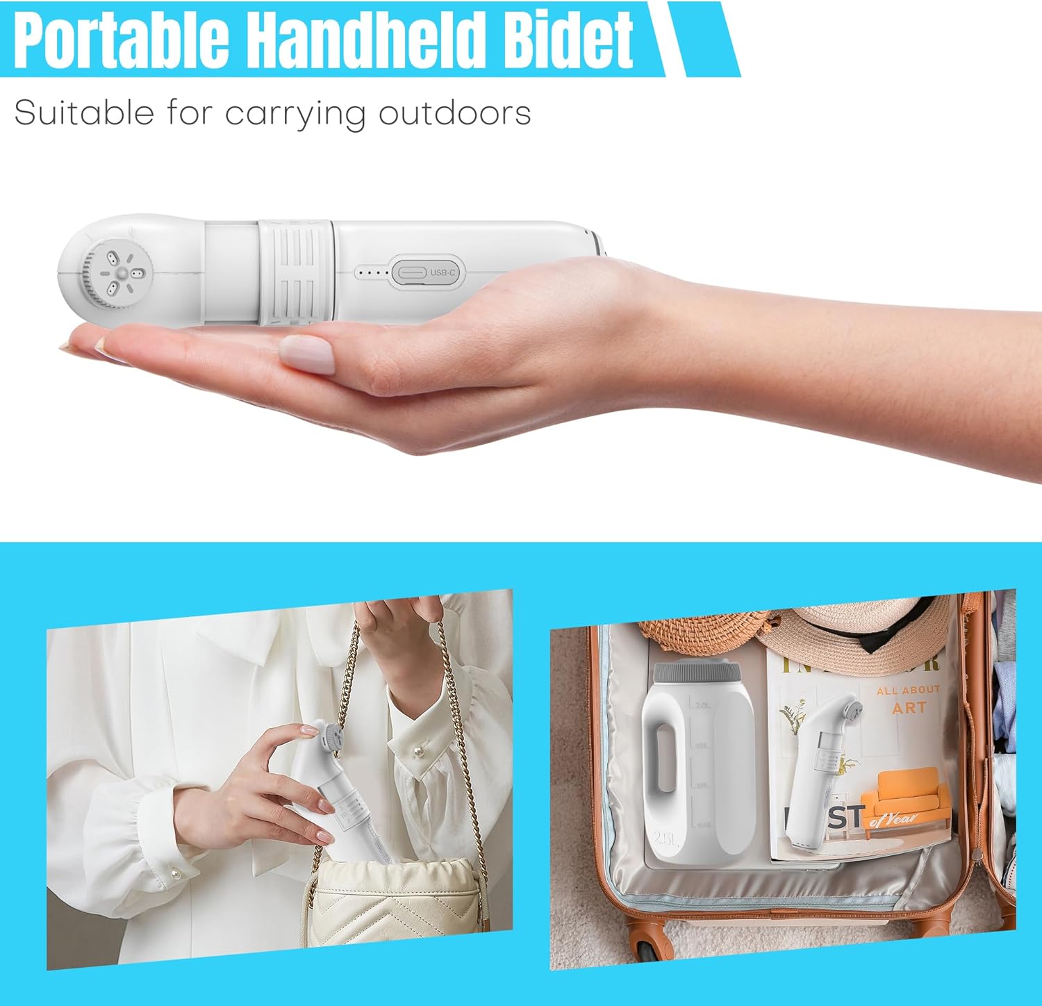 Teabelle Portable High Pressure Electric Bidet with 2.5L Water Bottle, USB-C Rechargeable Travel Bidet, Waterproof Handheld Sprayer for Personal Hygiene & Baby Care