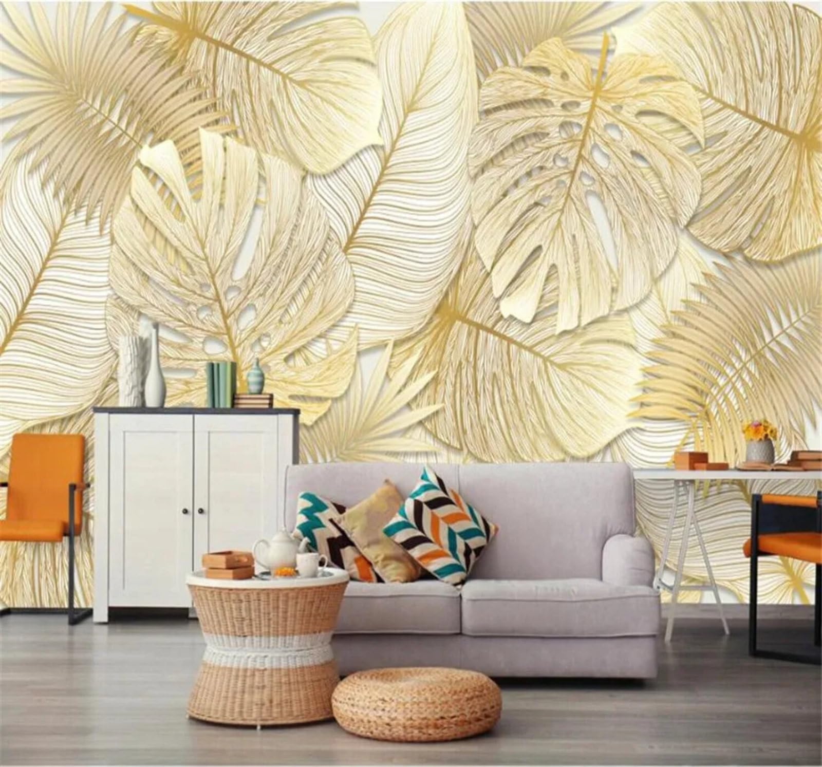 Tzxztt Minimalist Elegant Tropical Gold Banana Leaves Modern 3D Wallpaper Premium Textured Silk Neutral Tones Material Ideal for Living Room Bedroom-200cm×140cm