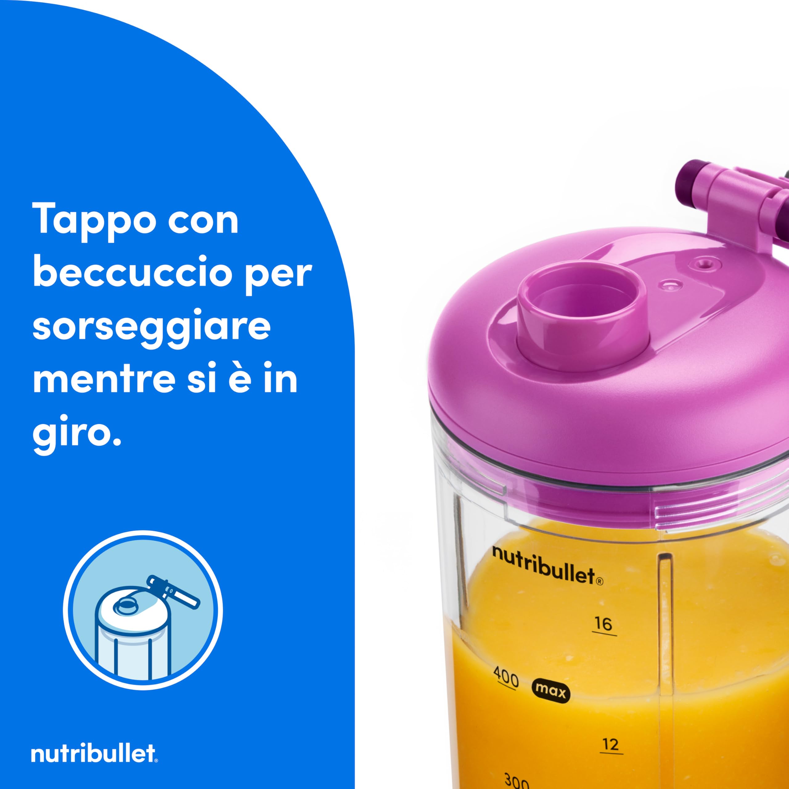 nutribullet Flex 590ml Mini Frullatore Portatile senza fili, Ricaricabile, con Manico e Tappo a Beccuccio, Tritatutto, per Smoothies e Frullati, Trita Ghiaccio e Frutta Congelata, Viola (NBP013VT)