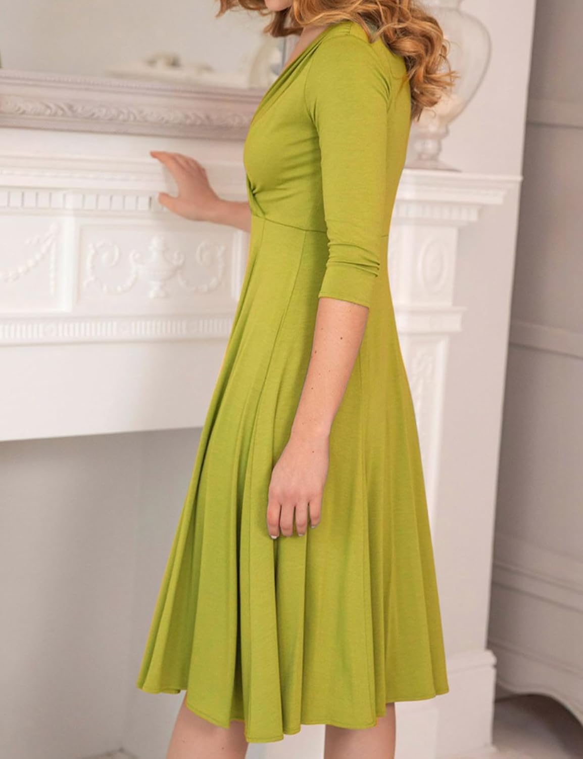 Azhong Women's Deep V Neck 3/4 Sleeve Ruched Midi Dress Elegant Pleated Cocktail Party Flowy Dress - Image 4