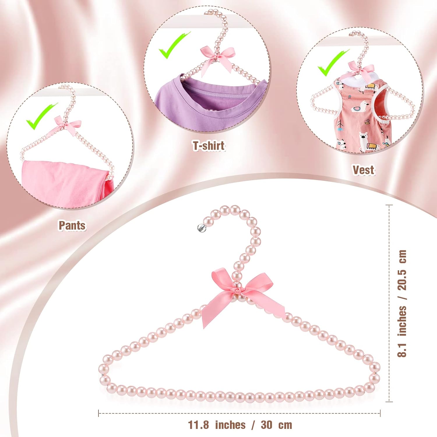Threan Pink 6 Pcs Pearl Beaded Clothes Hanger Mini Pearl Beads Small Metal Clothes Hangers with Ribbon Standard for Kids Baby Children Pet Dog