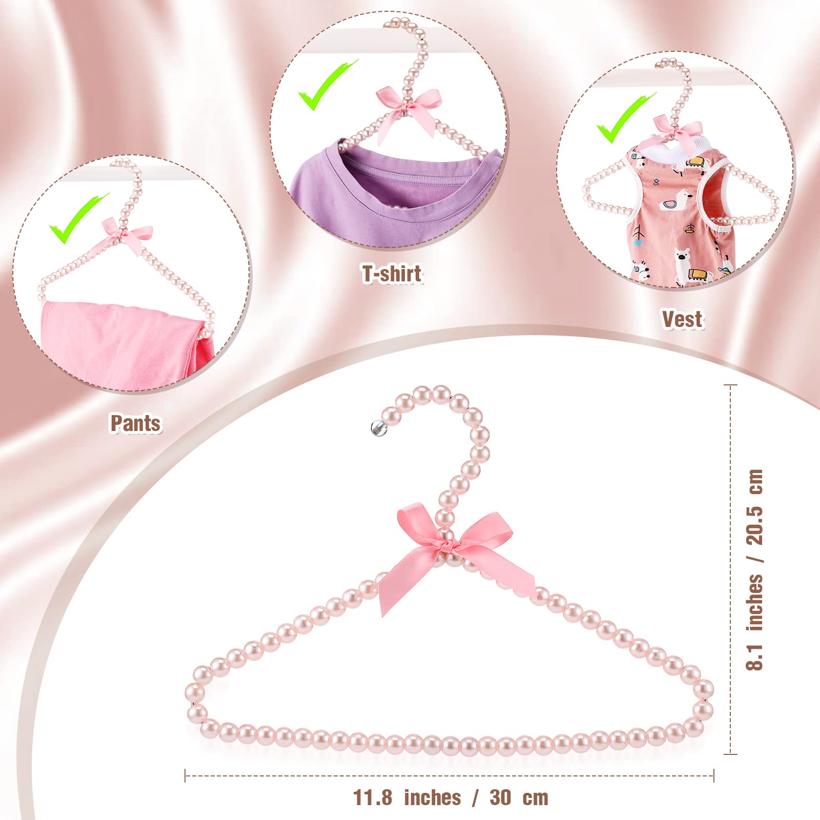 12 Pieces Pearl Beaded Clothes Hanger Mini Small Pearl Clothes Hangers Pearl Beads Metal Elegant Clothes Hangers with Ribbon Standard Hangers for Kids Baby Children Pet Cat Dog Clothes (Pink)