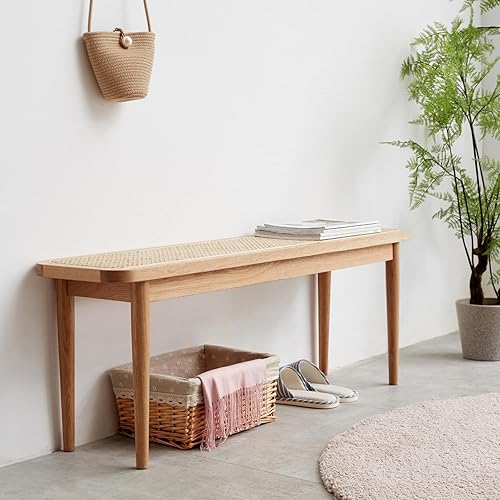 Miniatura 2 de Hymus Banco 100% de madera de roble macizo, banco de interior tejido de ratán para entrada, comedor, dormitorio, calidad premium (natural, 39.37