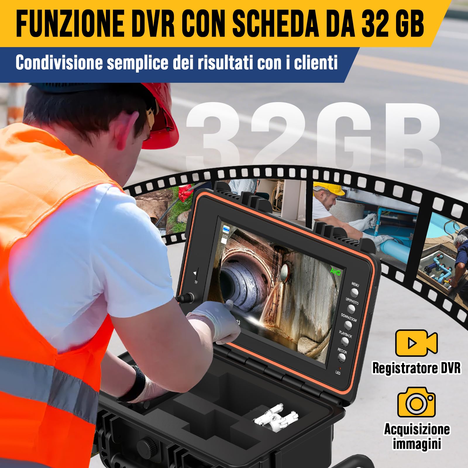 Telecamera Ispezione Tubi Con Sonda 512Hz E Funzione Auto-Livellante 1080P, Cavo Con Segni Metrici, Schermo IPS HD da 9 Pollici, DVR 32GB, Batteria 5100mAh, Impermeabile IP68 (30M)