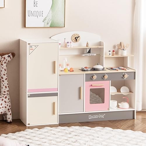 Miniatura 6 de HONEY JOY Juego de cocina para niños, cocina de madera 3 en 1 para niños pequeños, refrigerador y parrilla de barbacoa, campana extractora, estante