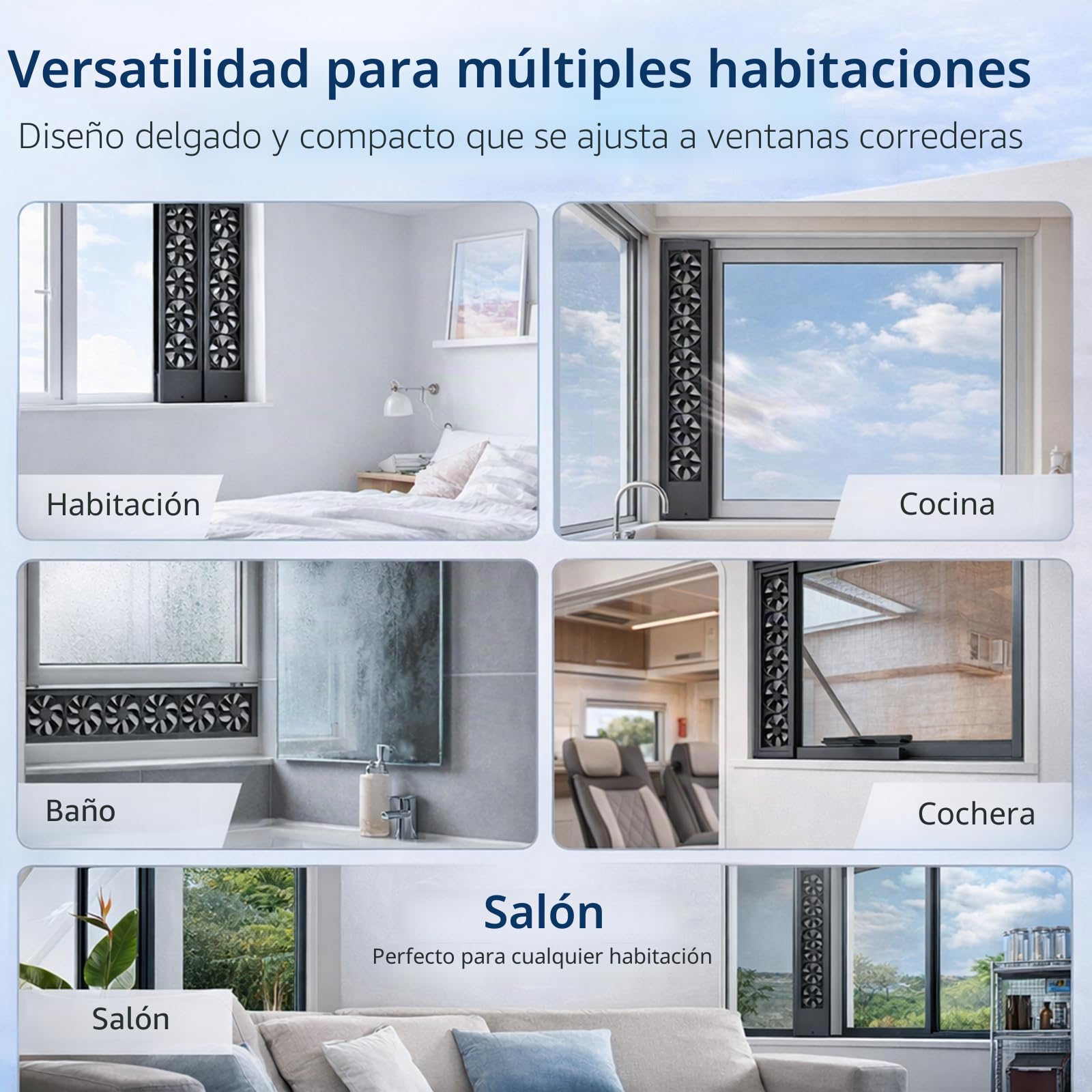 Ventilador de ventana vertical para ventanas corredizas, ventilador reversible de ventana de escape y admisión de flujo de aire, ajuste ajustable 35–150cm (13.8–59in), control de velocidad sin